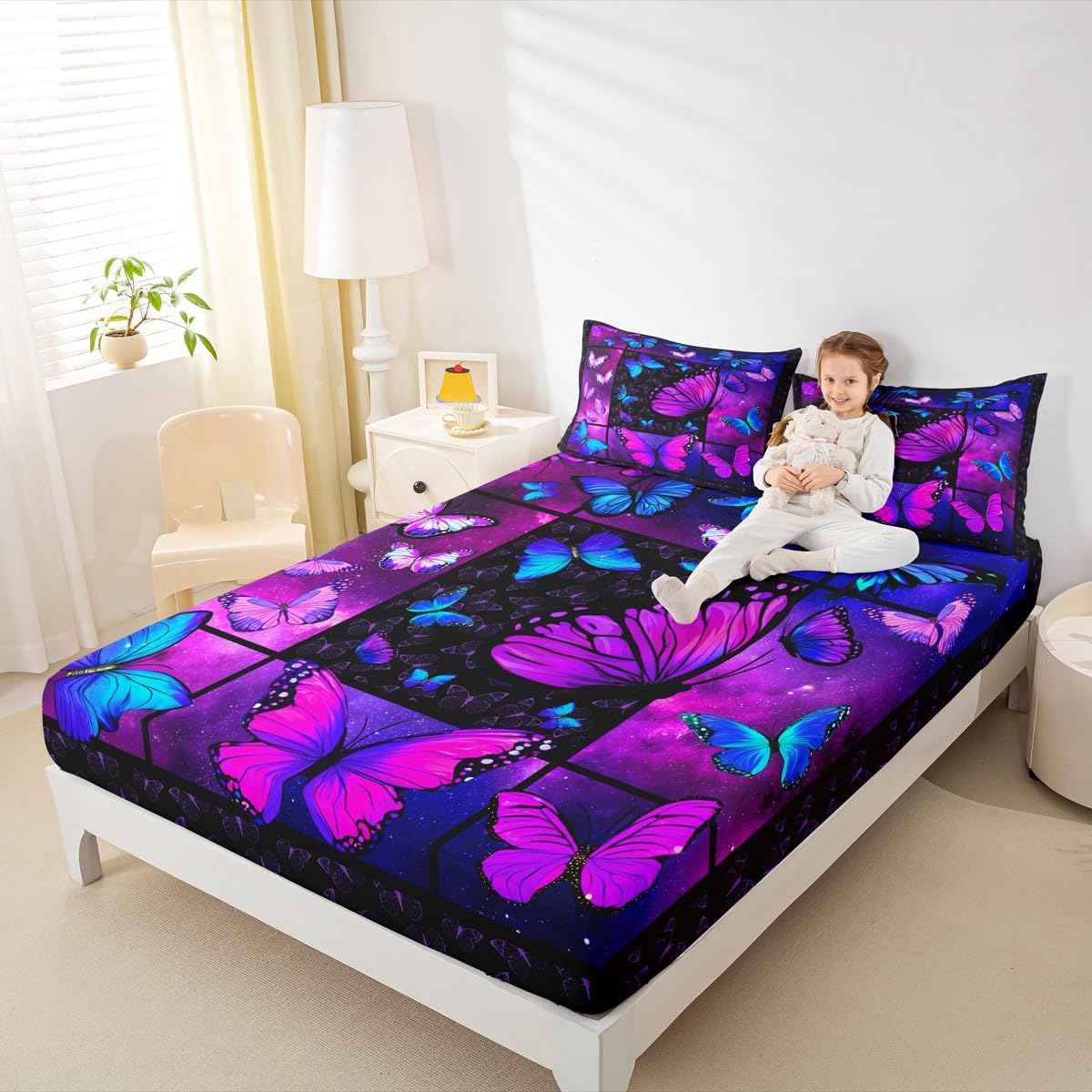 Purple Butterfly Bed Sheets Deep Pocket King,Mystic Galaxy Bed Sheet Set Blue Butterfly Bedding Sets for Kids Girls Teens Women,Psychedelic Starry Sky Fitted Sheet Aesthetics Flat Sheet 4 Pcs
