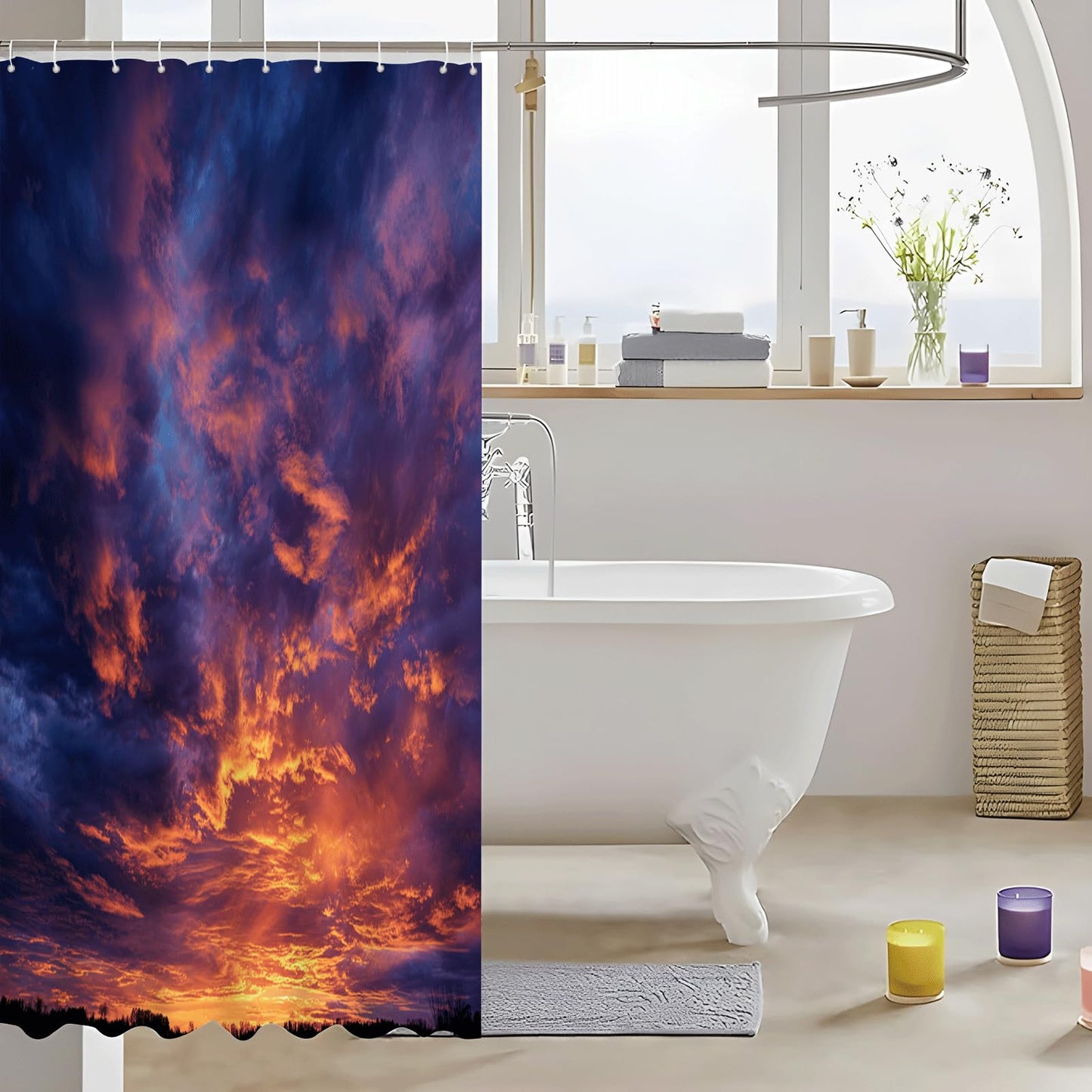 ZROLUW Orange Sky 3D Shower Curtains 72" W x 72" L Sunset Landscape Printed Waterproof Bathroom Curtain Fabric with Hook