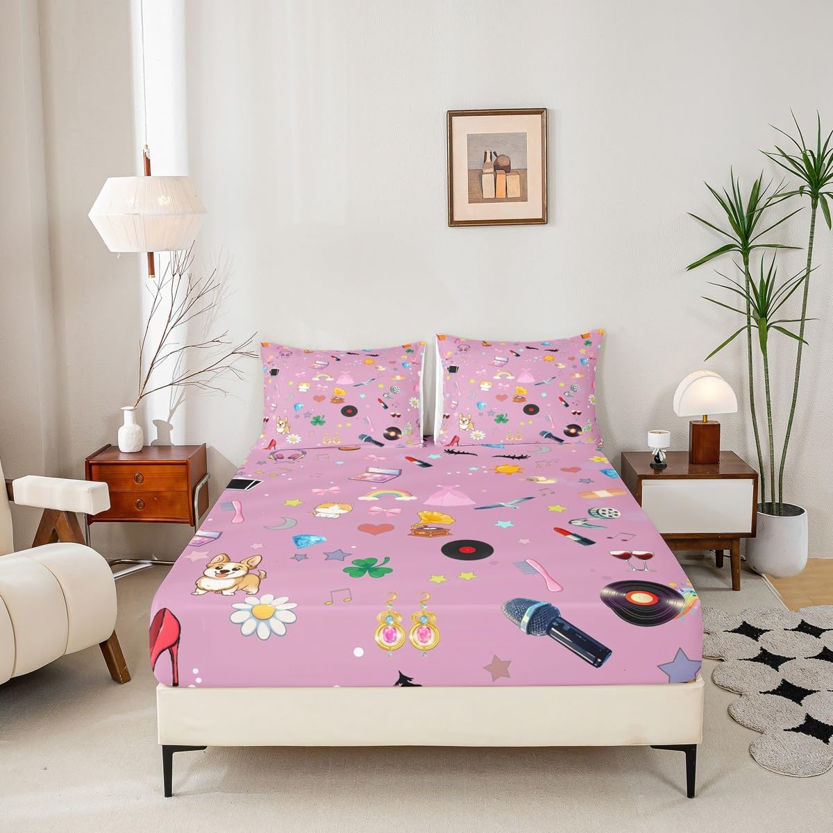 Erosebridal Music Theme Bed Sheets Set King Girls Pop Singer Sheet Set for Kids Women Fashion Guitar Lipstick Sheets Snake Flower Flat Fitted Sheet Microfiber Pink Gift for Music Fans Friend
