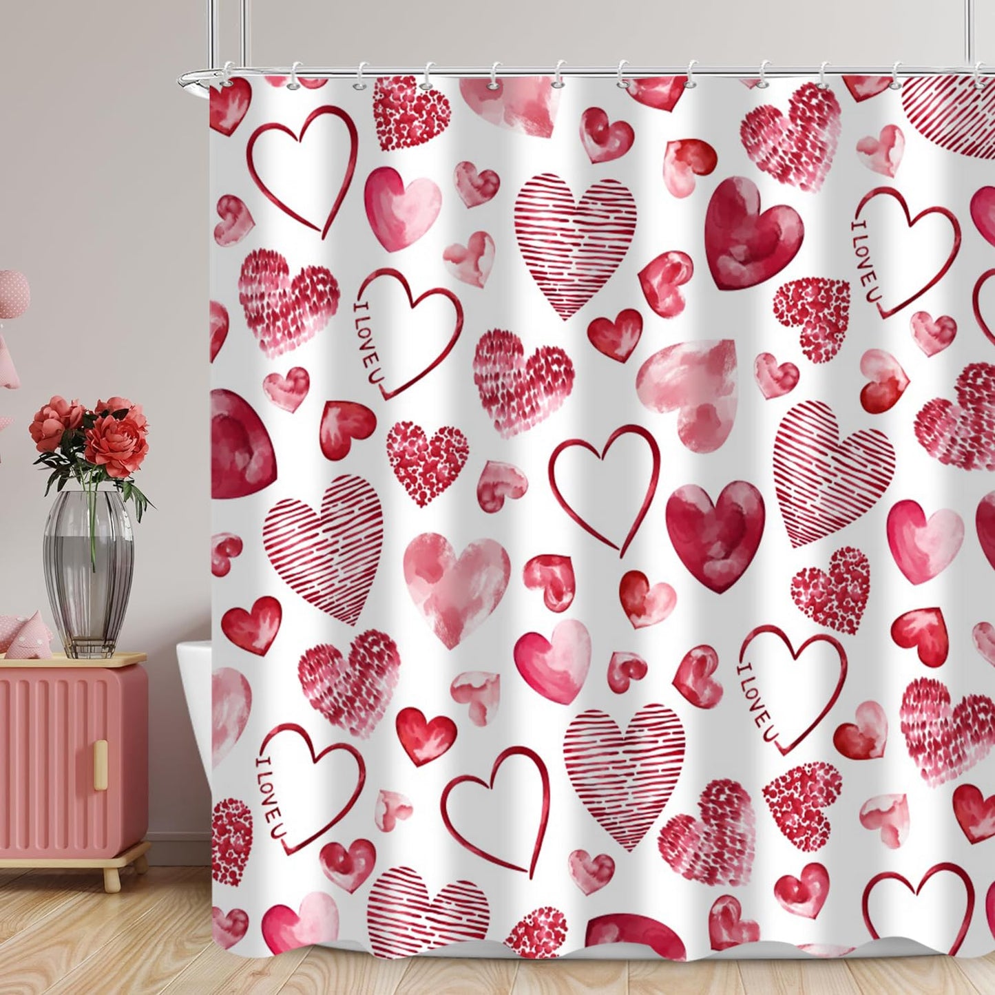 GKLEASG Valentine's Day Shower Curtain Red Pink Loving Hearts Romantic Theme Bathroom Curtains Waterproof Fabric Bathtub Curtains Set with Hooks 72"x72"