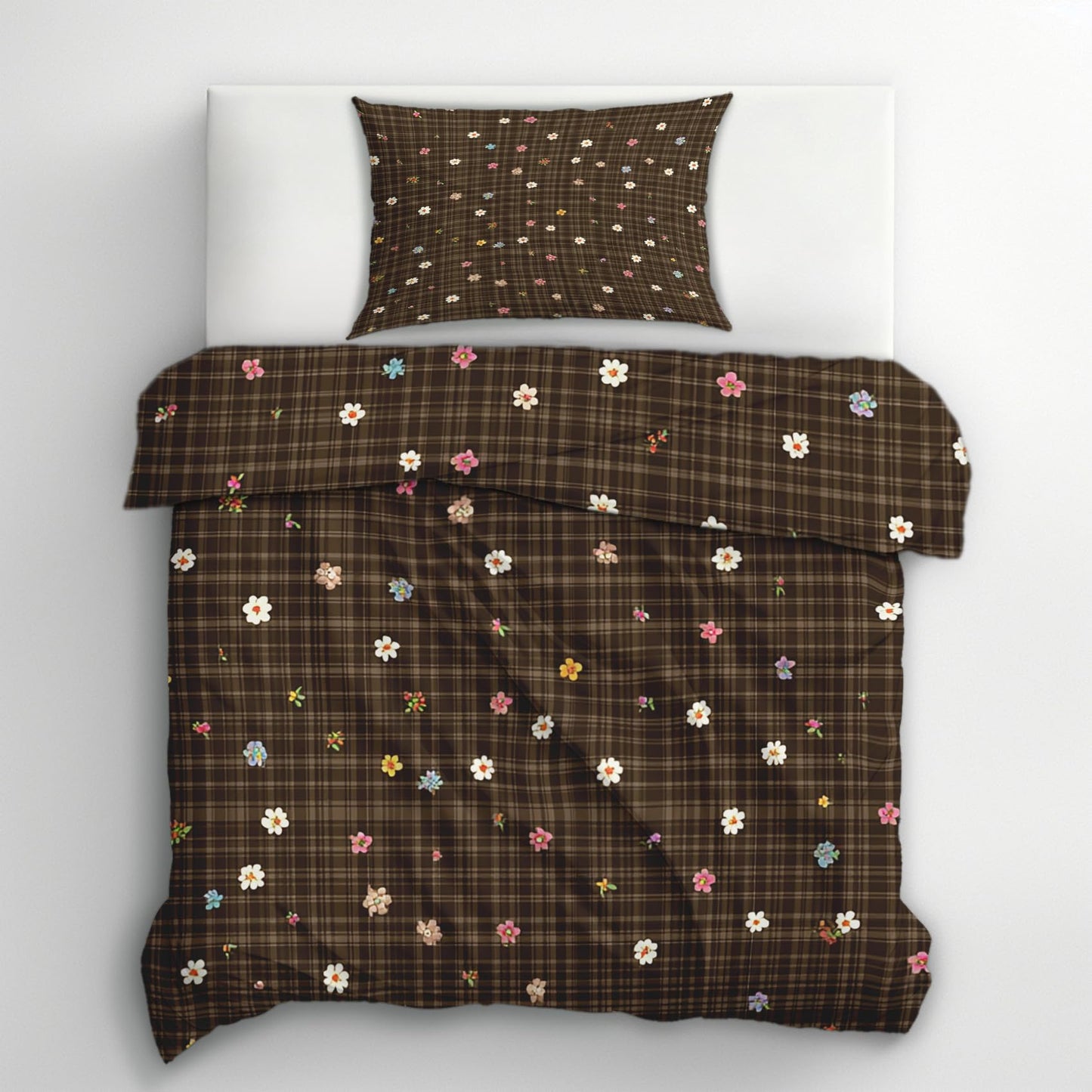 Farmhouse Floral King Size Duvet Cover Set 3 Piece, Brown Plaid Flower Reversible Bedding with 2 Pillow Shams, Zipper & Ties, Ultra Soft Microfiber, Floral Bedroom Decorations 41A-I