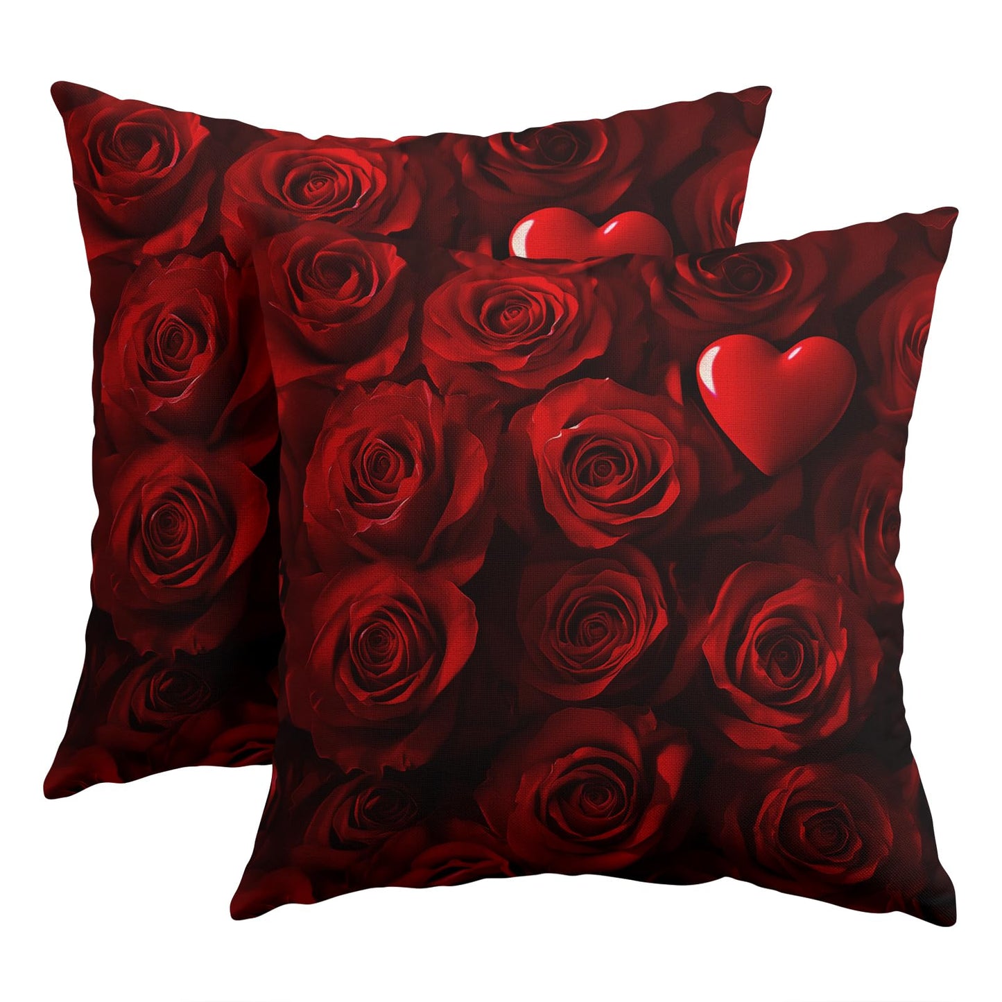 Valentines Day Pillow Covers 18X18 Inch Red Heart Rose Floral Decorative Pillow Cases Wedding Mother's Day Anniversary Cotton Linen Throw Pillows Set of 2 Home Decor For Sofa Couch Bedroom Outdoor