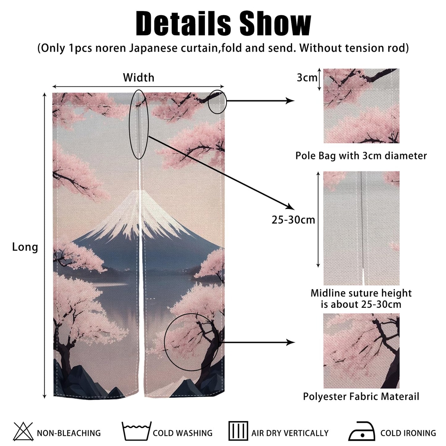 XMJJKUF Japanese Doorway Single Side Curtain Noren Cherry Sakura and Mount Fuji Artistic Painting Japanese Style Curtains Door Tapestry for Wall Hanging Home Decoration,33.5"x 70.9"