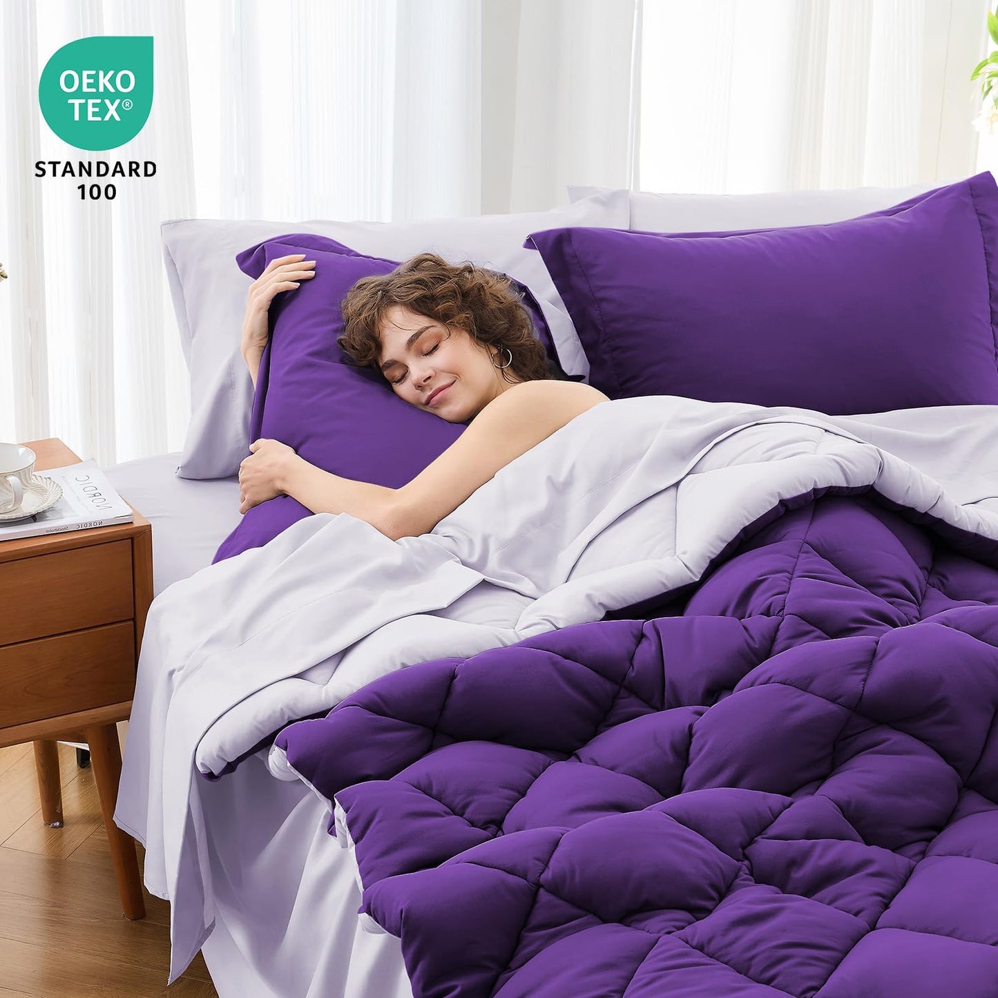 MUXHOMO 7 Pieces California King Comforter Set, Reversible Bed in a Bag Cal King Size, All Season Bedding Set with Comforter, Flat Sheet, Fitted Sheet, Pillowcases & Shams, Purple & Lavender