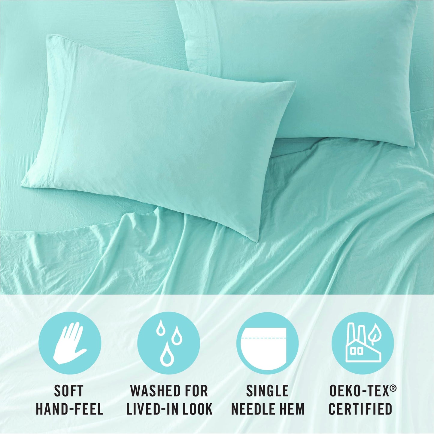 Martha Stewart Ultra Soft Brushed and Washed Microfiber 4 Piece Sheet Set, Easy Care, Comfy Bed Sheets with Deep Pocket up to 16", 1 Flat and 1 Fitted Sheet, 2 King Pillowcases, Cal King Size, Aqua