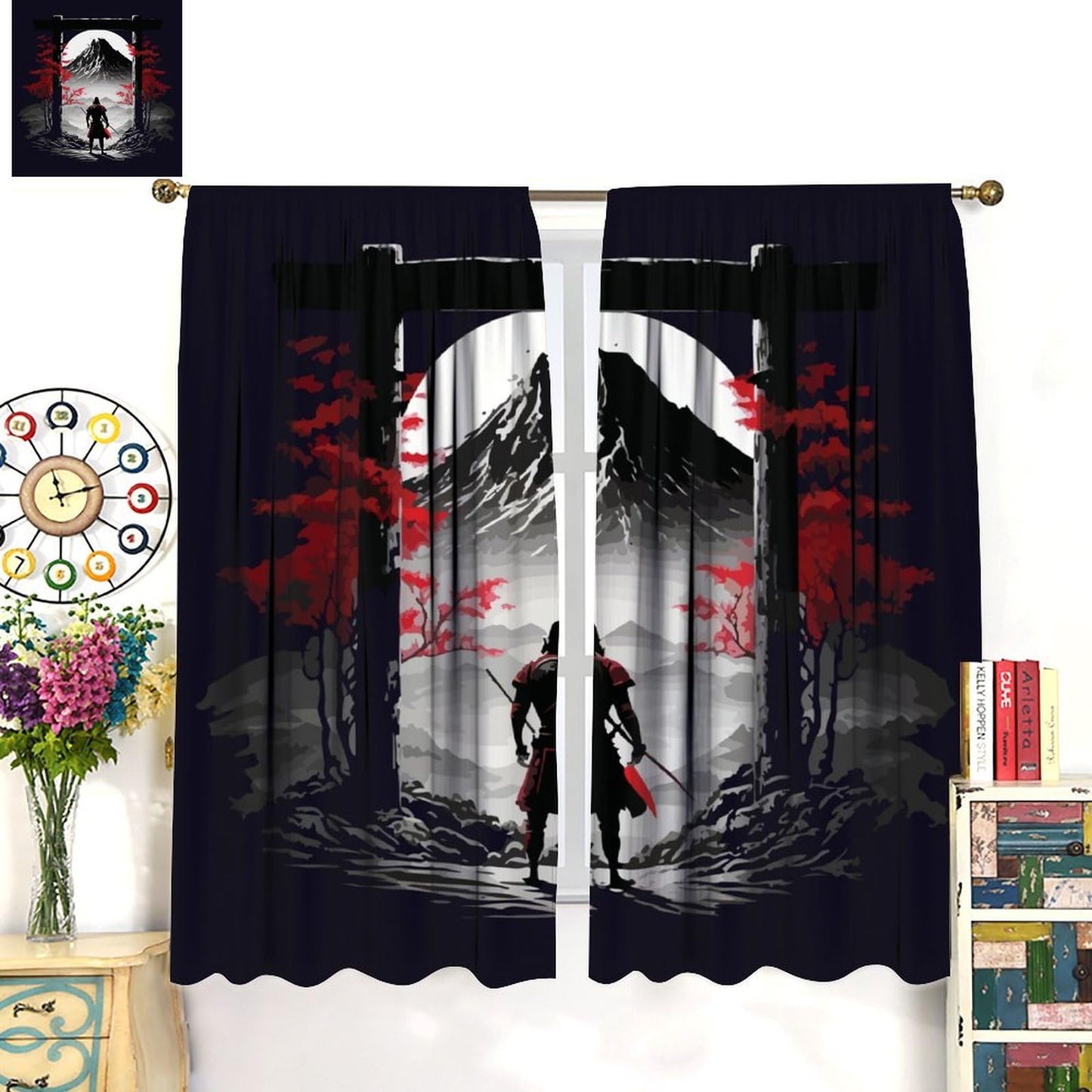 Japanese Anime Samurai Windows Curtains Asian Samurai Red Leaves Rod Pocket Window Treatment for Living Room Bedroom Home Decor Window Drapes 42" W X 45" L
