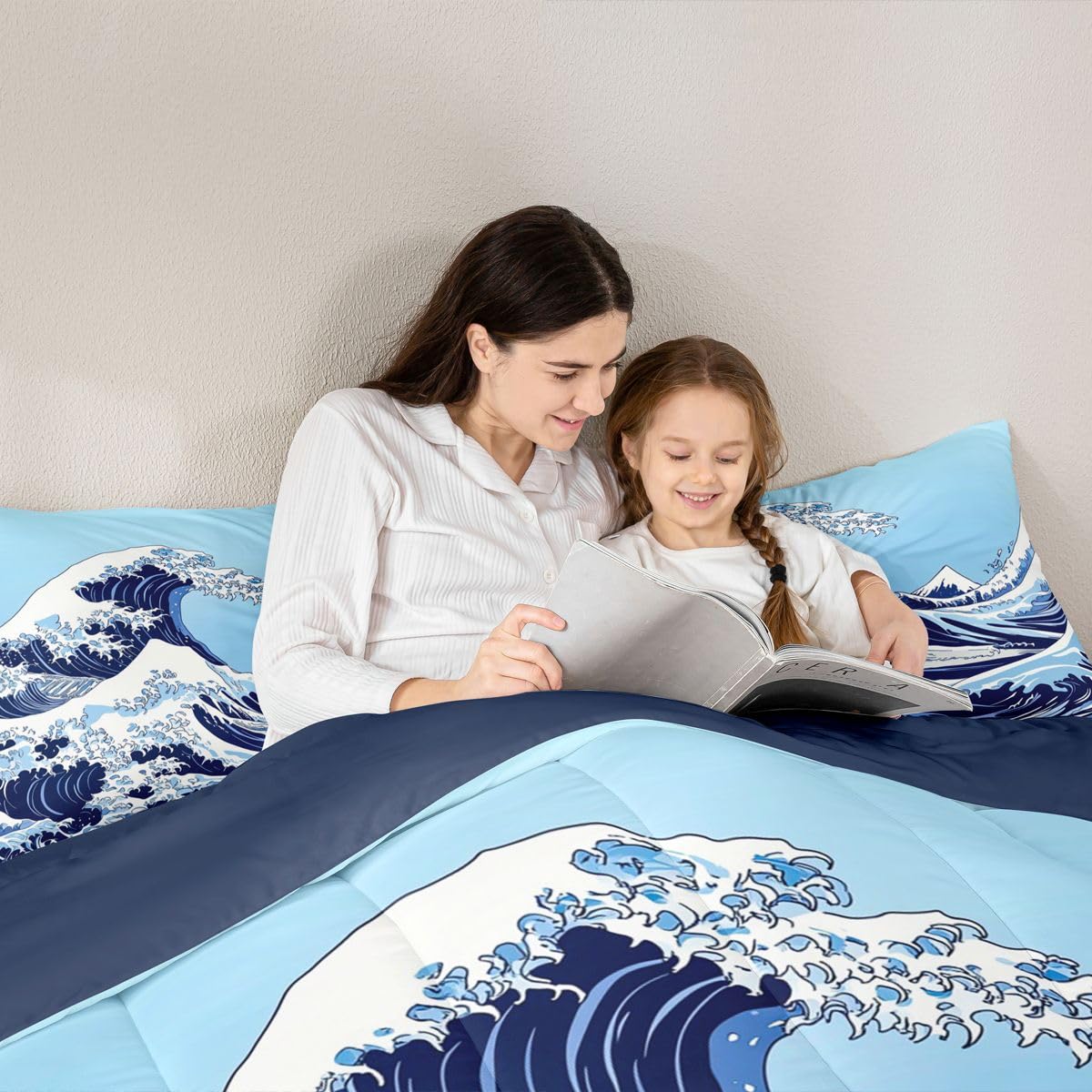 jejeloiu Wave Comforter Set All Season Ocean Wave Bedding Set with 2 Pillow Cases Abstract Microfiber Kids Queen Bedclothes Japanese Style Bedroom Decor Duvet Quilt Breathable Soft Lightweight