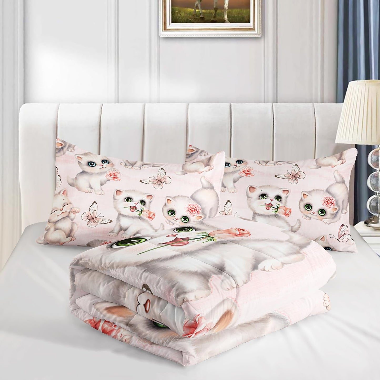 XYNHML Kids Bedding Full Cartoon Cat Comforter 3 Pieces Pink White Cat Butterflies Comforter Set for Teens Kids Boys Girls Adults Kawaii Flower Quilt with 1 Comforter and 2 Pillowcases