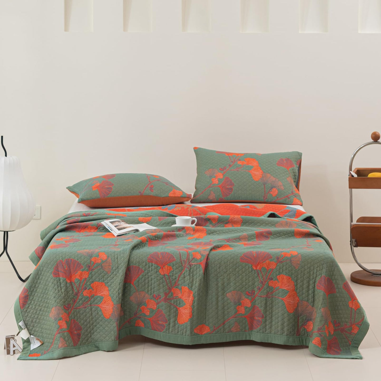 Purefair 100% Cotton Muslin Blanket Jacquard Green Orange Floral Ginkgo Leaves Quilt, Soft Bed Cover Lightweight Breathable Gauzy Reversible Bedspread Coverlet Full/Queen(78"x94"), No Pillow Sham