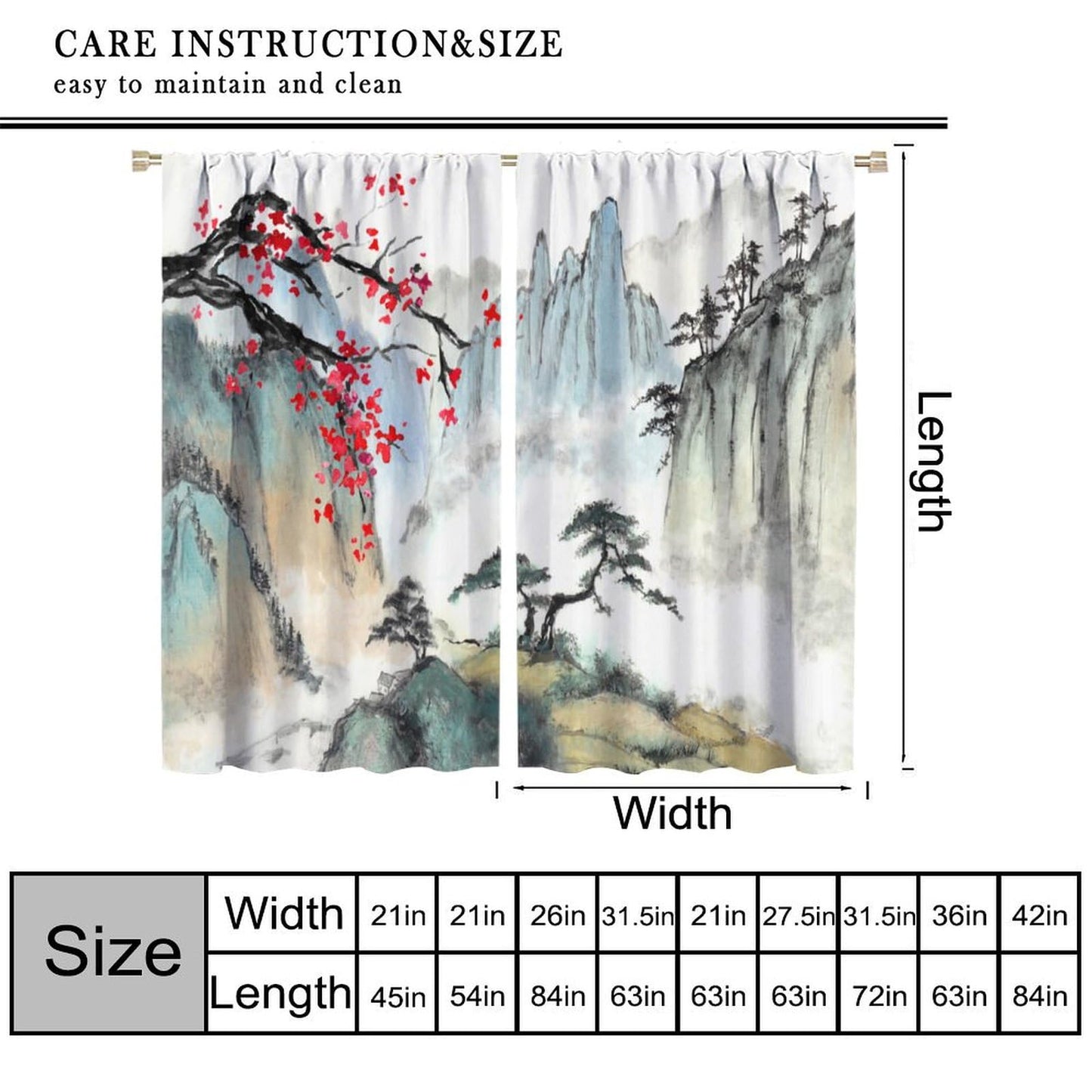 Japanese Curtains, Cherry Blossom Asian Oriental Chinese Nature Mountain Red Floral Flowers Lake Tree Art Print Window Drapes For Bedroom Living Room Kitchen Decor,2 Panel Set,42x45 Inch Decor