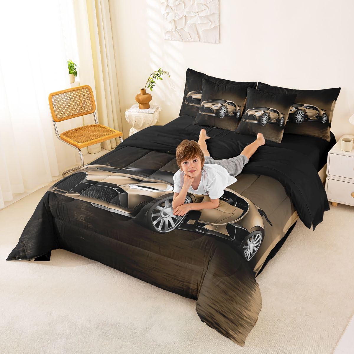 Feelyou Sports Car 7 Piece Bedding Set Brown Race Car Comforter Set with Sheets for Kids Boys Girls Extreme Sports Bed in a Bag Cool Speed Luxury Car Decor Quilt with 2 Pillowcases Full
