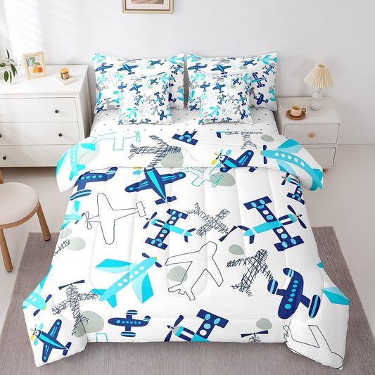 Erosebridal Kids Airplane Twin Bedding Set 7-Piece Aircraft Bed in A Bag with Sheets for Kids Boys Teens Aviation Theme Cartoon Comforter Set Teal Blue Airplanes Bedding Comforter Sets