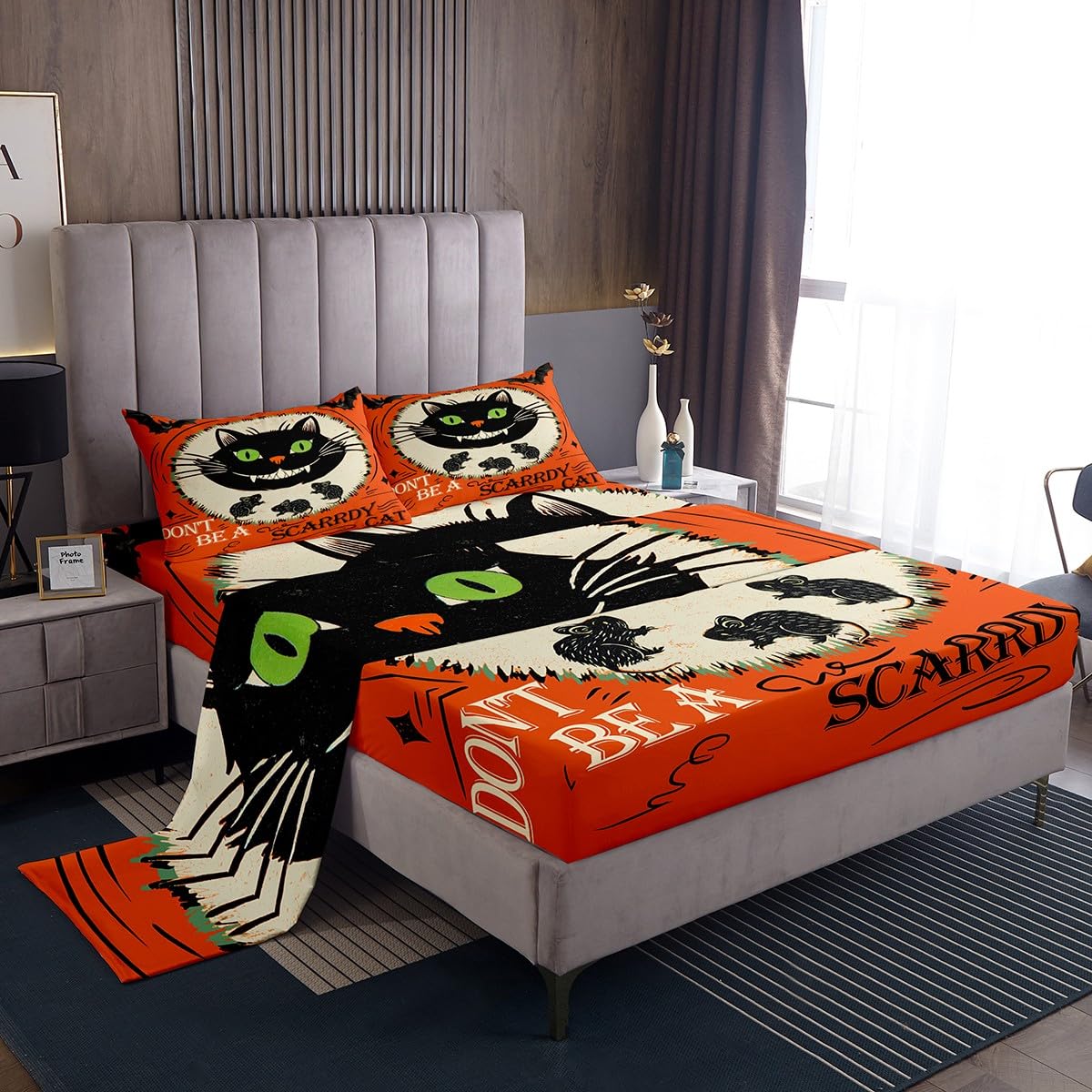 Feelyou Kids Halloween Sheet Set Full Size, Horror Decor Bedding Set Black Cat Bed Sheets Set Boys Girls Happy Halloween Teens Bedroom Decor Soft Bed Set 4Pcs