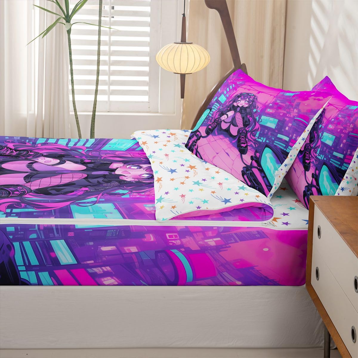 Erosebridal Fashion Girls Kids Comforter Set with Zipper, Japanese Girl Twin Size Zipper Bedding Set, Girly 3D Gaming Bed-in-A-Bag