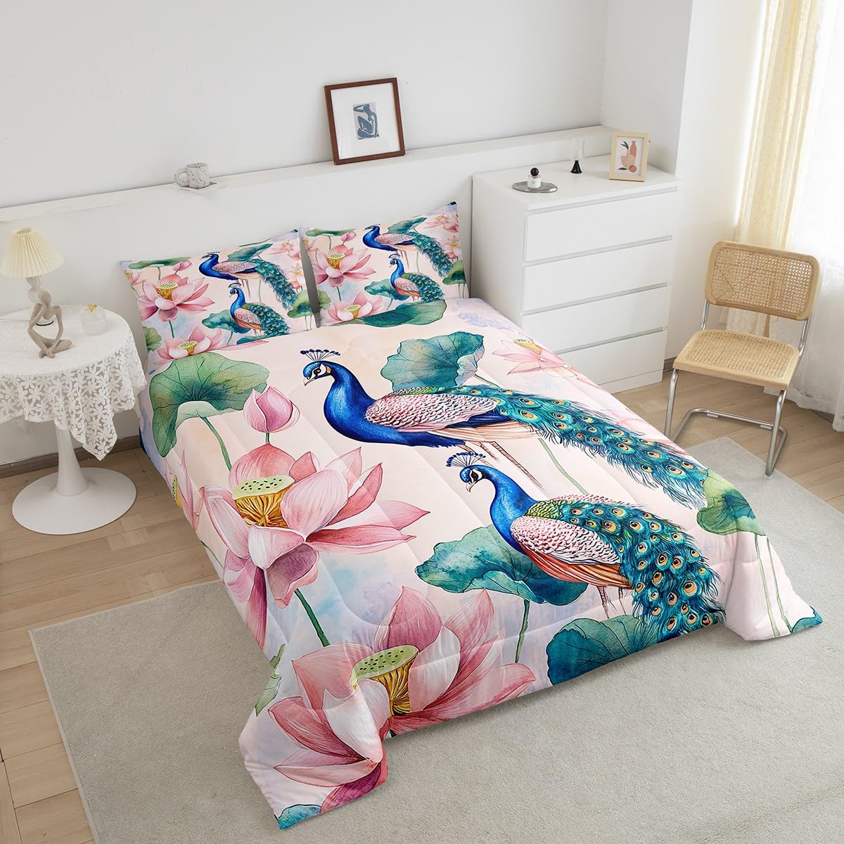 jejeloiu Peacock Bedding Set Full Size Kids Lotus Flower Comforter for Boys Girls Royal Peacock Bird Comforter Set Green Duvet Set Room Decorations Quilt Set
