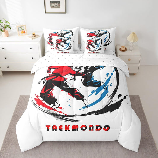 Erosebridal Taekwondo 7 Pcs Comforter Set Twin Japanese Style Bedding for Kids Boys Girls Ink Painting Sports Samurai Sheet Set Bed in A Bag Watercolor Asian Kung Fu Karate Bedroom Decor Bed Set