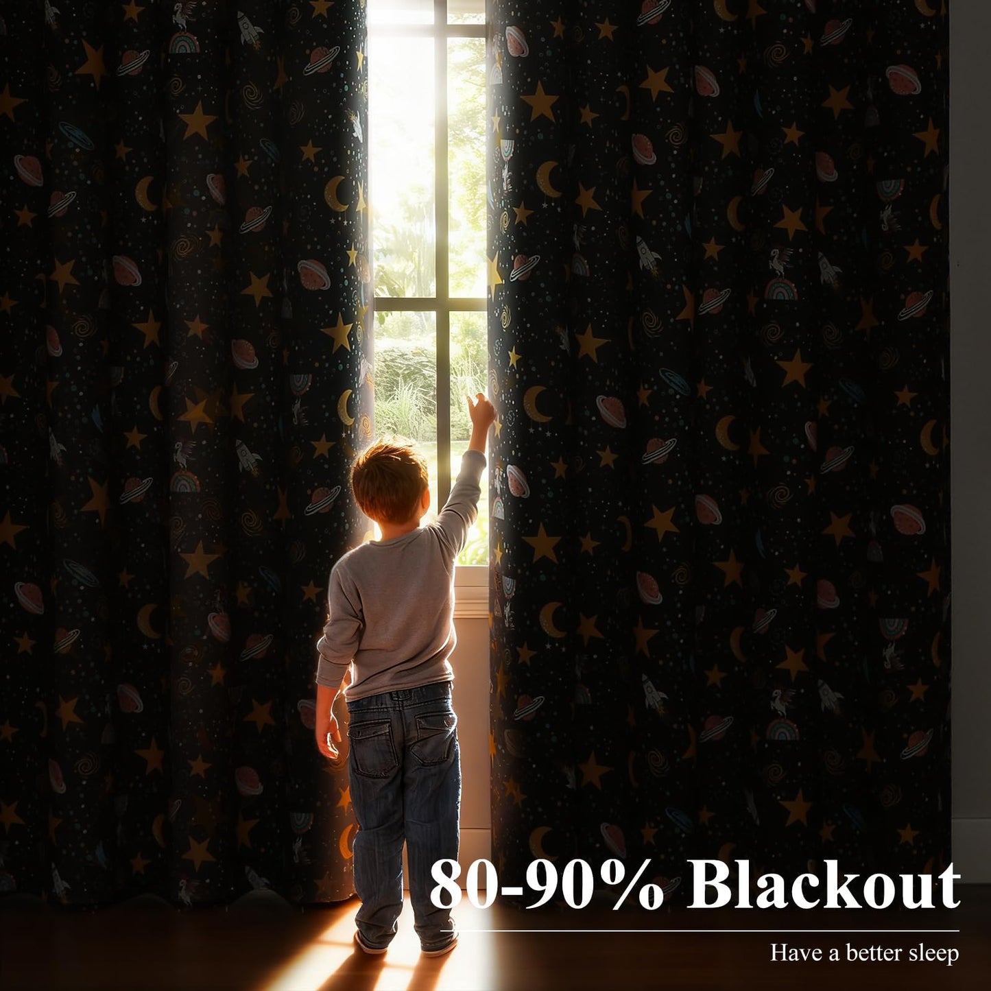 Estelar Textiler Unicorn Planet Printed Black Blackout Curtains 63 Inch Long for Nursery, Thermal Insulated Room Darkening Star and Moon Grommet Window Drapes for Kids Bedroom(38"W x 63"L, 2 Panels)