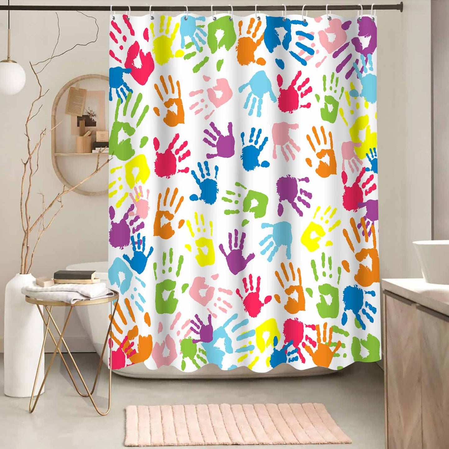 NTETSN Handprint Bathroom Curtain Watercolor Rainbow Color Bathroom Curtain for Kids Bathroom Curtain, Washable Polyester Fabric Shower Curtains, 72 X 72 Inches,LYNT128-72