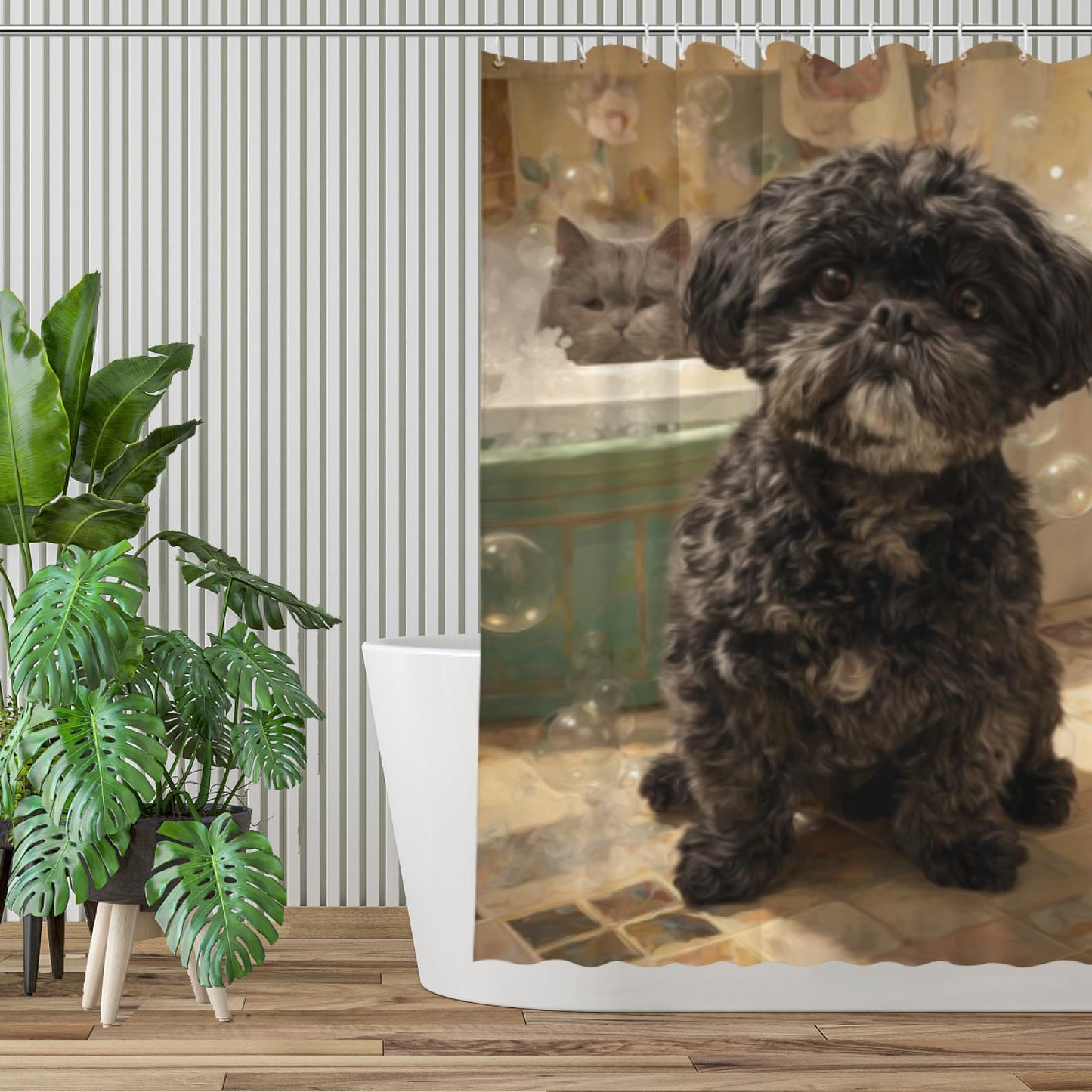 Wordatu Black Shih Tzu Shower Curtain Bathroom Set 72X72 Inches Funny Cat Lovely Animals in Bathtub for Boys Bath Farmhouse Art Home Decor Fabric 12 Hooks