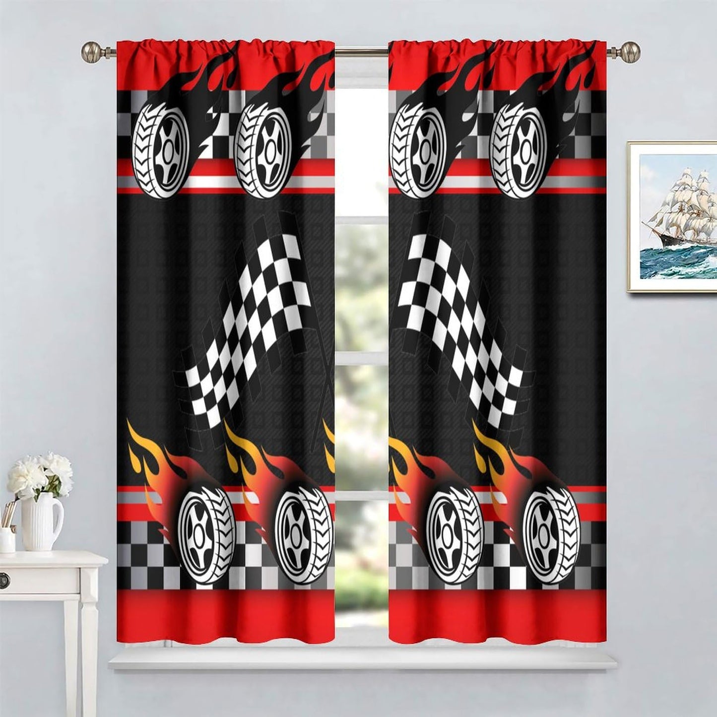 ICMOLYYENLO Racing Kids Curtains Boys Red Racing Bedroom Curtains Race Track Flag Pattern Living Room Curtains Set of 2 42x45 Inches
