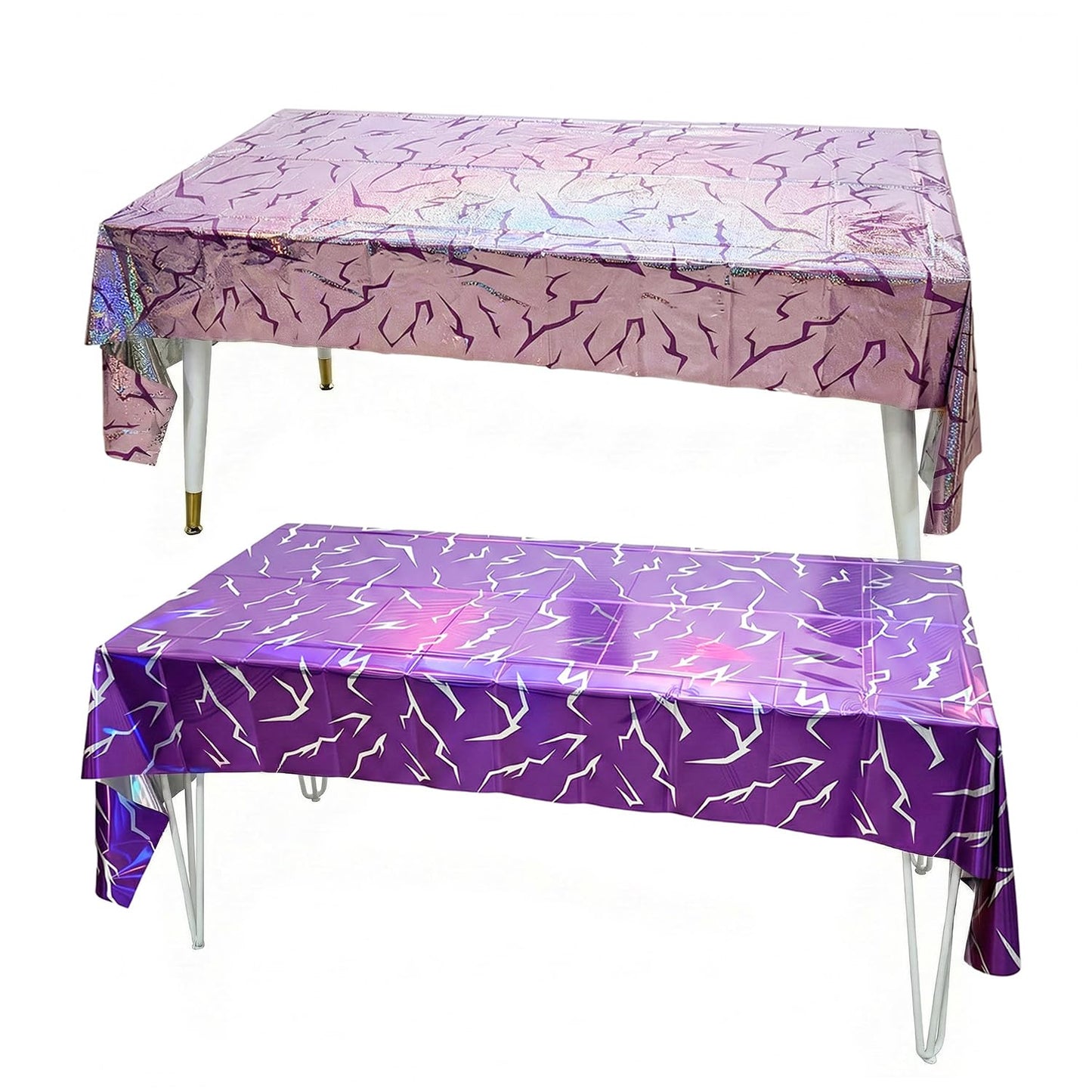 K-Style Birthday Decorations Iridescent Holographic Laser Tablecloth 2 Pack Purple Lightning Pattern Disposable Waterproof Plastic Table Covers for Girls Disco Bachelorette Party Supplies, 54x108 Inch