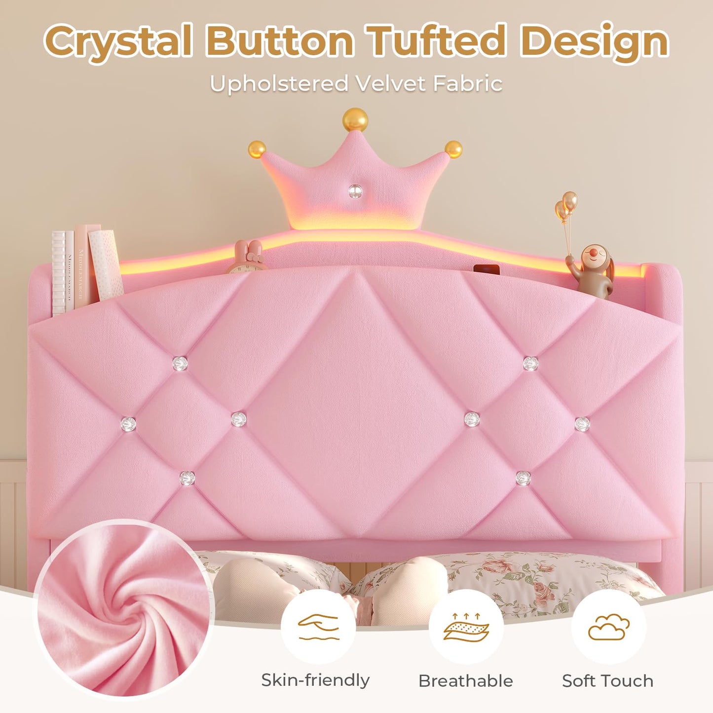MSmask Twin Bed Frame with LED Lights, Princess Upholstered Bed with Headboard with Charging Station & Crystal Button & Crown, Velvet Platform Bed for Girls, Solid Wood Slats, Curved Legs, Pink