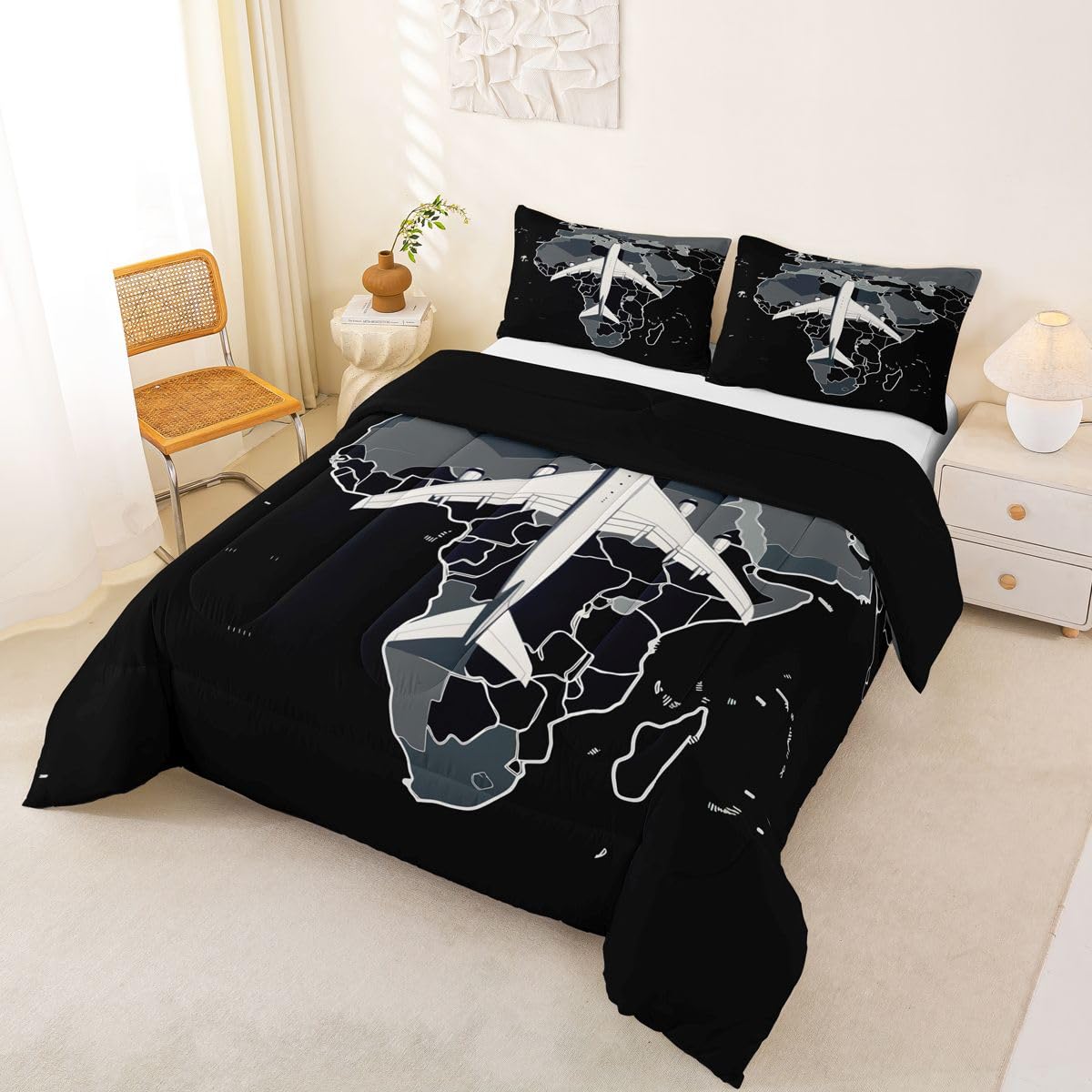 Erosebridal Airplane Comforter Set Full Aircraft Bedding Set Gradient Gray World Map Comforter for Kids Boys Girls Modern Transportation Plane Quilt Duvet