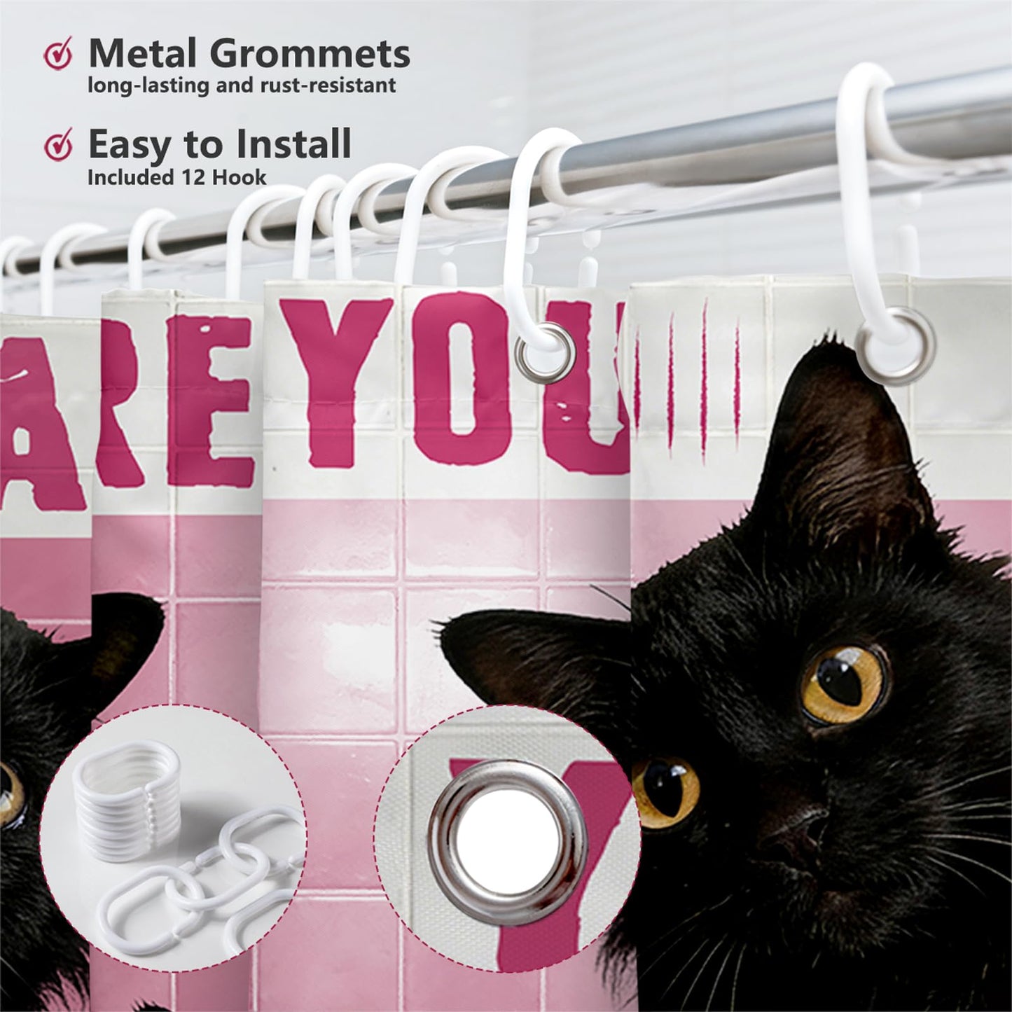 MEHOFOND Funny Cat Shower Curtain Cute Fun Black Cats Pink Tiles Shower Curtain for Bathroom are You Pooping Bathtub Decor Fabric Waterproof Washable Bath Curtain 72x72 Inch