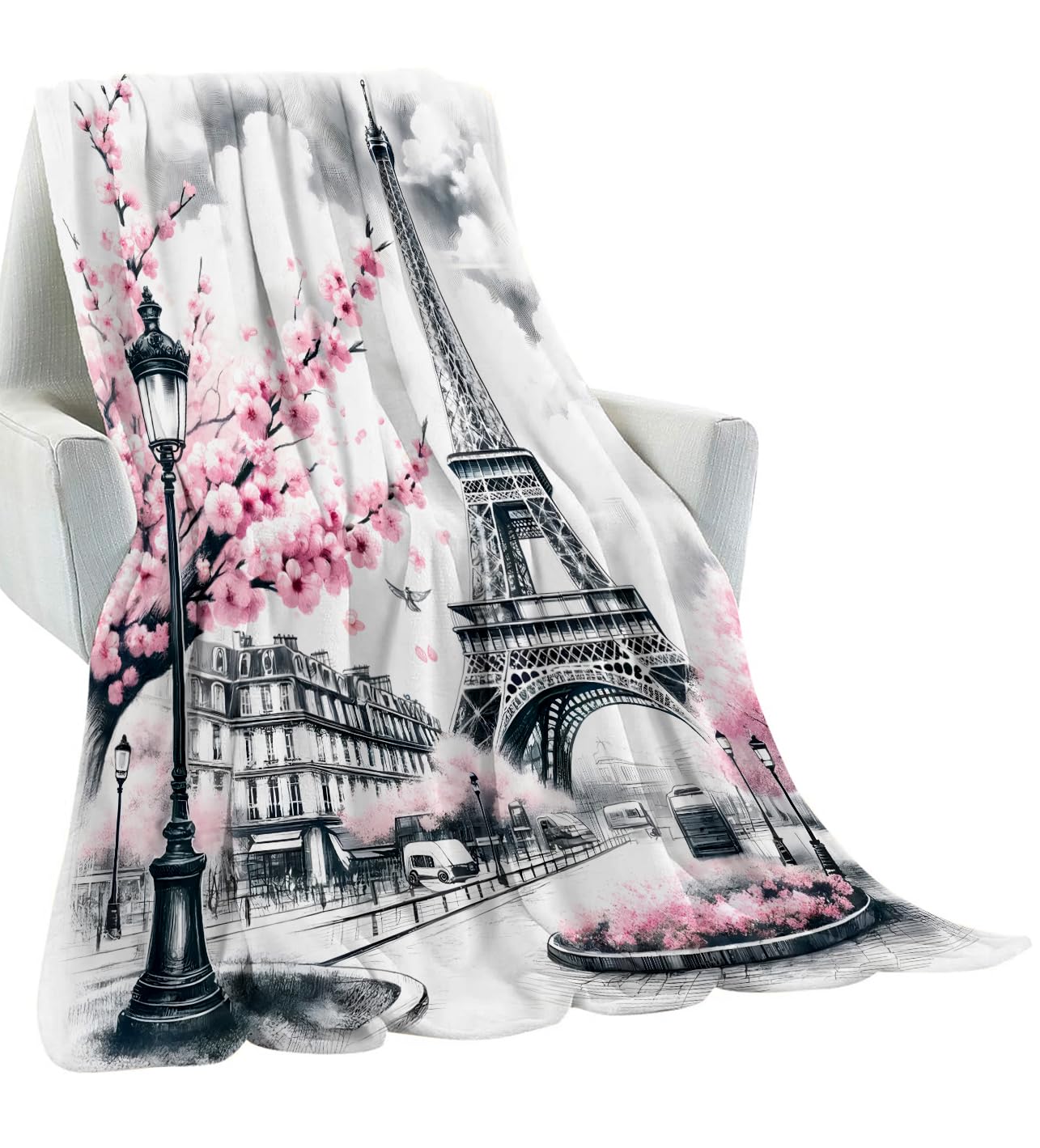 amepay Paris Blanket Gifts for Girls Women,Parisian Eiffel Tower with Pink Cherry Blossom Throw Blankets,Soft Comfy Lightweight for Room Couch Bed Sofa Romantic Decor,France Lover 60x50in