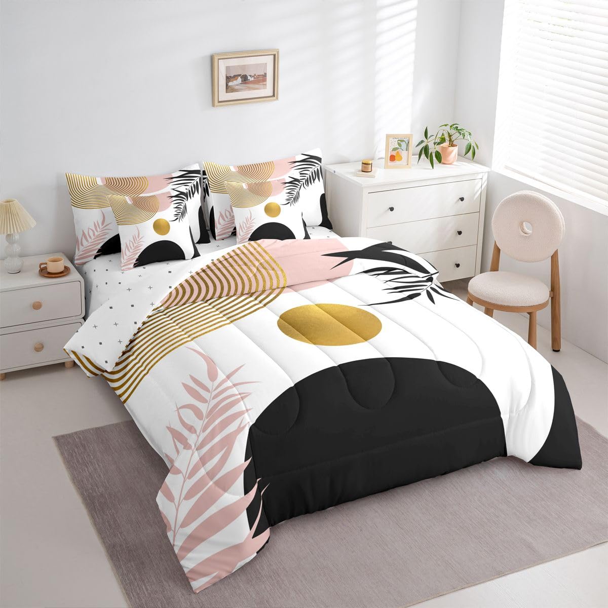 Erosebridal Boho Pink Black and Gold King Size Comforter Set with Sheets, Abstract Mid Century 7 Pcs Bedding Set for Adults, Minimalist Aesthetic Geometric Bed in A Bag, Modern Bohemian Chic Bed Sets
