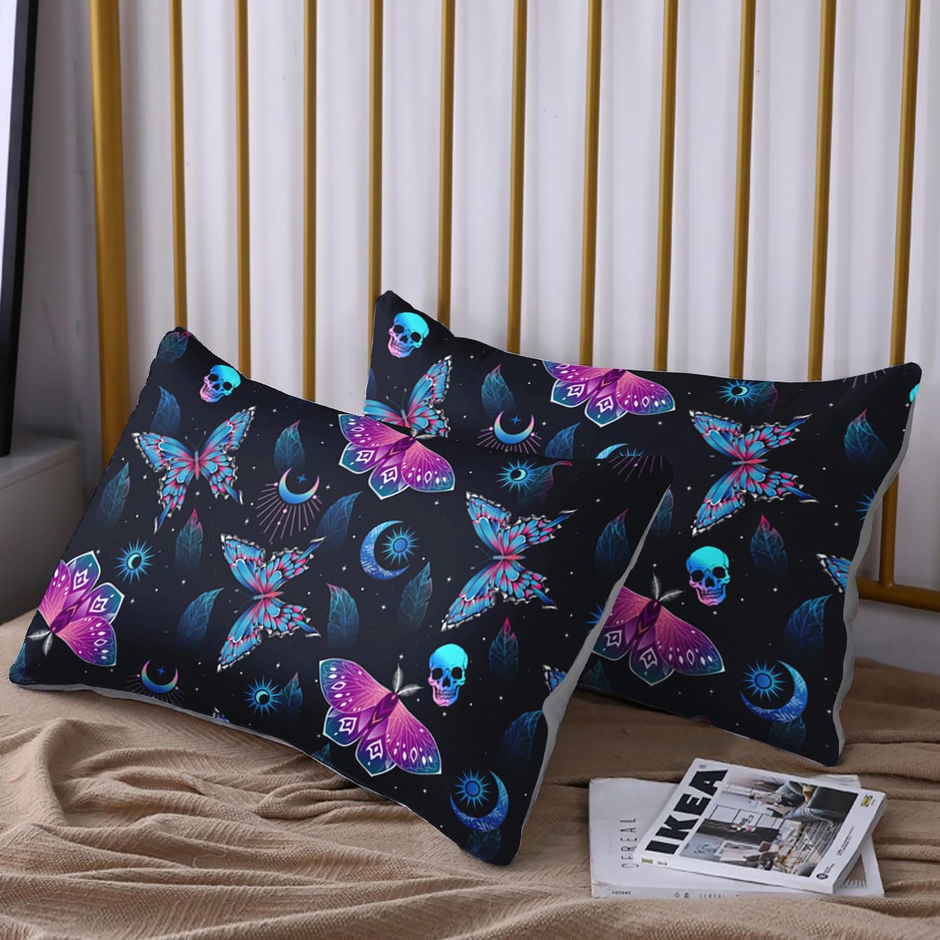 HOSIMA Halloween Fitted Sheet Skull Butterfly Bed Set,Goth Bedding Set Black Sheets Deep Pocket All-Round Elastic Bed in A Bag Full Size for Adults Boys Girls Halloween Room Decor.