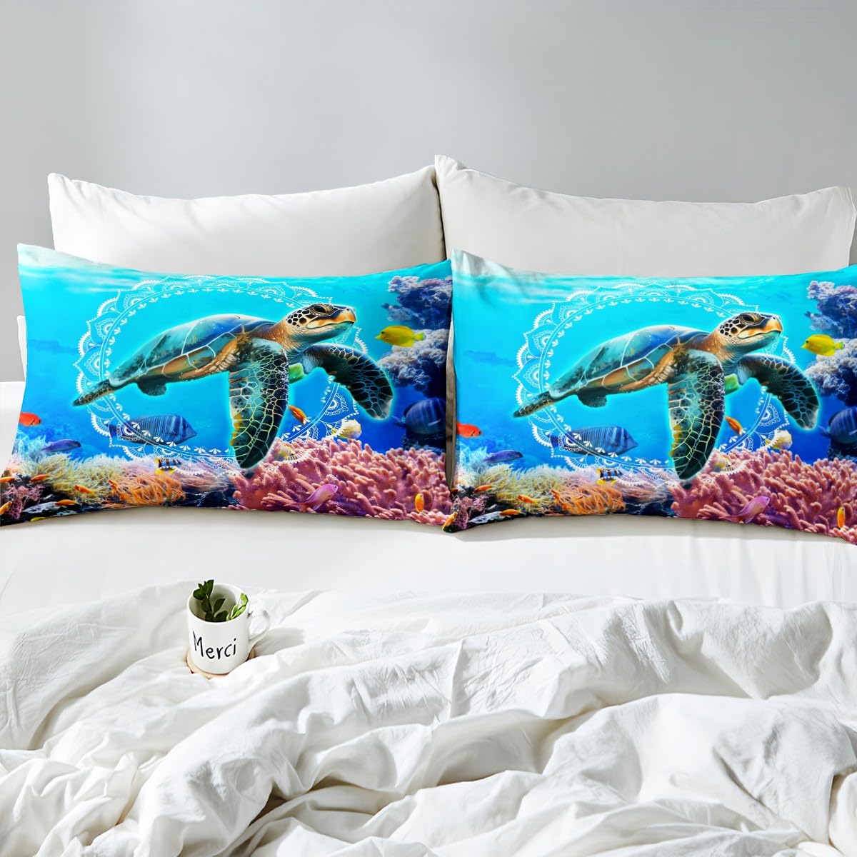 Sea Turtle Duvet Cover Queen Size,Hawaii Tropical Fish Marine Life Bedding Set 3pcs for Kids Teens Boys Girls Room,Animal Plants Comforter Cover Mystic Deep Sea Quilt Cover with 2 Pillowcases,Blue