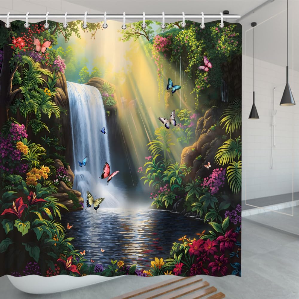 EUBTPA Tropical Waterfall Shower Curtain with Butterflies and Colorful Jungle Flowers, Nature Scenery Bathroom Decor Polyester Fabric Curtains 70X70 Inch