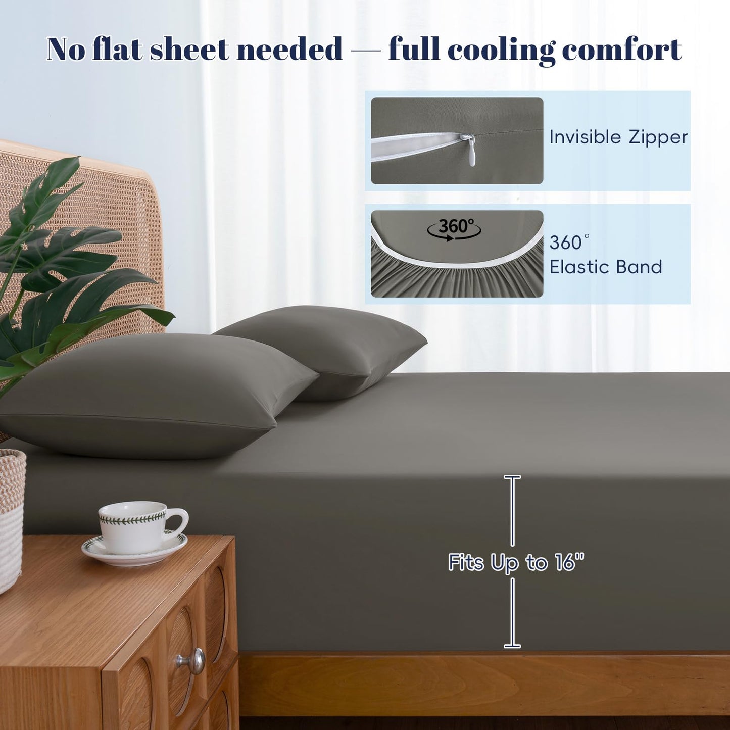 PHF Cooling Fitted Sheet Set Queen Size for Hot Sleepers, Q-Max > 0.4, Silky Soft & Breathable, Ideal for Night Sweats & Summer, 1 Fitted Sheet & 2 Pillowcases, Fits Up to 16", Charcoal Grey