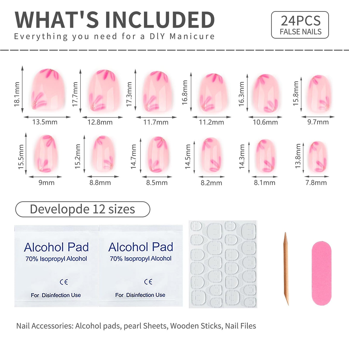 Short Oval Press On Nails with Pink Floral Design, Nude Pink Translucent Fake Nails Glossy Full Cover Acrylic Nails, Elegant Flower Stick On Nails Reusable False Nails for Women Girls