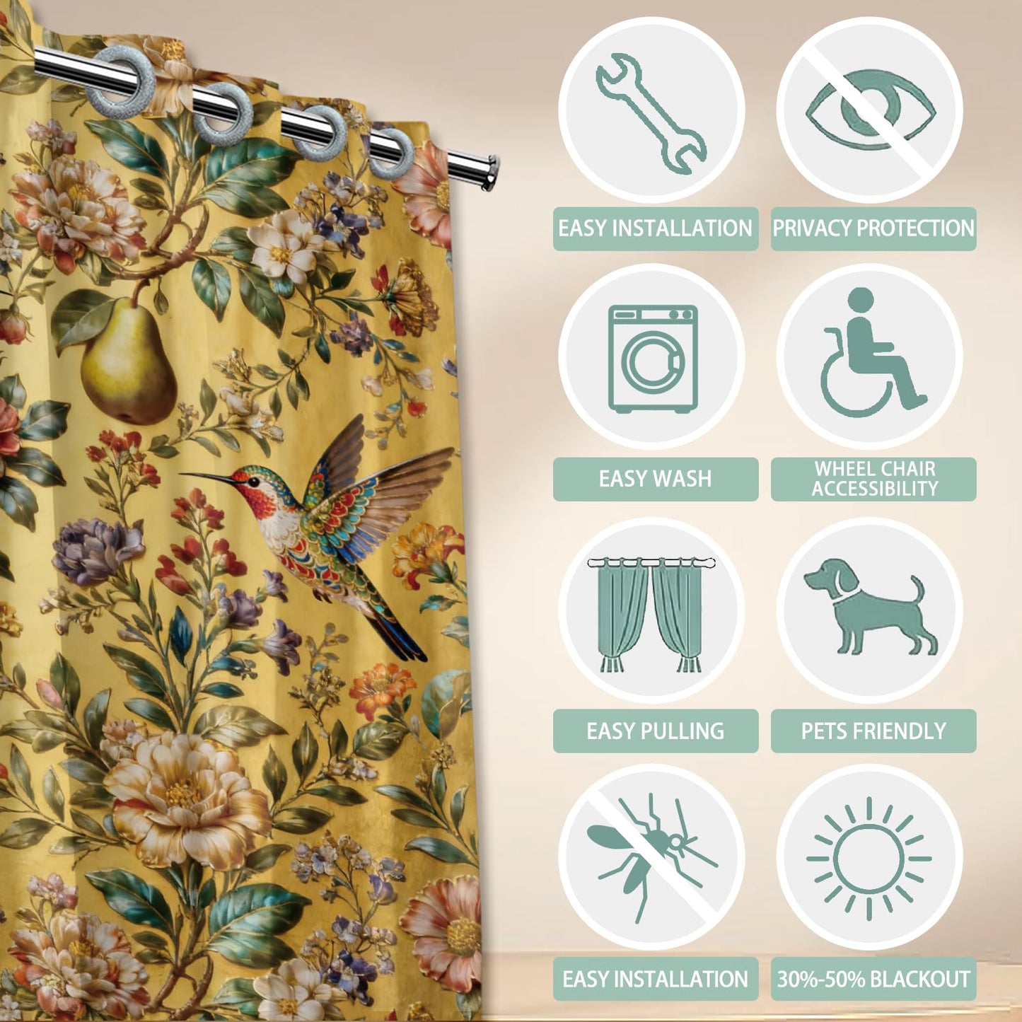 CHGCRAFT Hummingbirds Door Curtain for Doorway Flowers Doorway Curtain Pears Room Divider Curtains with Plastic Rings Folding Doors Curtains for Closet Door Bedroom Living Room Doorway, 39x79 Inch