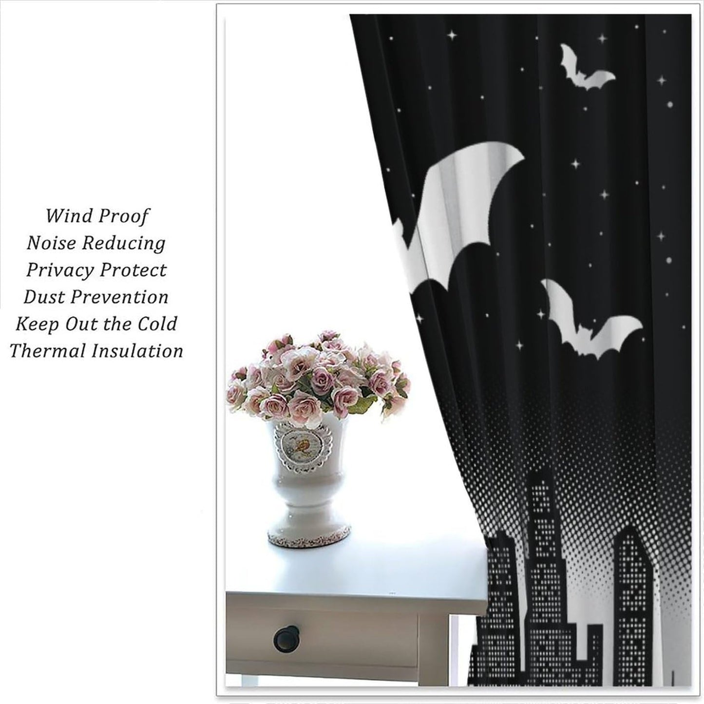 DDCBNS Hero Window Curtains,Comic Art Style Cartoon City Starry Sky Window Treatments for Kids Boys Girls Bedroom Décor Drapes 2 Panel Sets Total Size 42" x 45" Black White