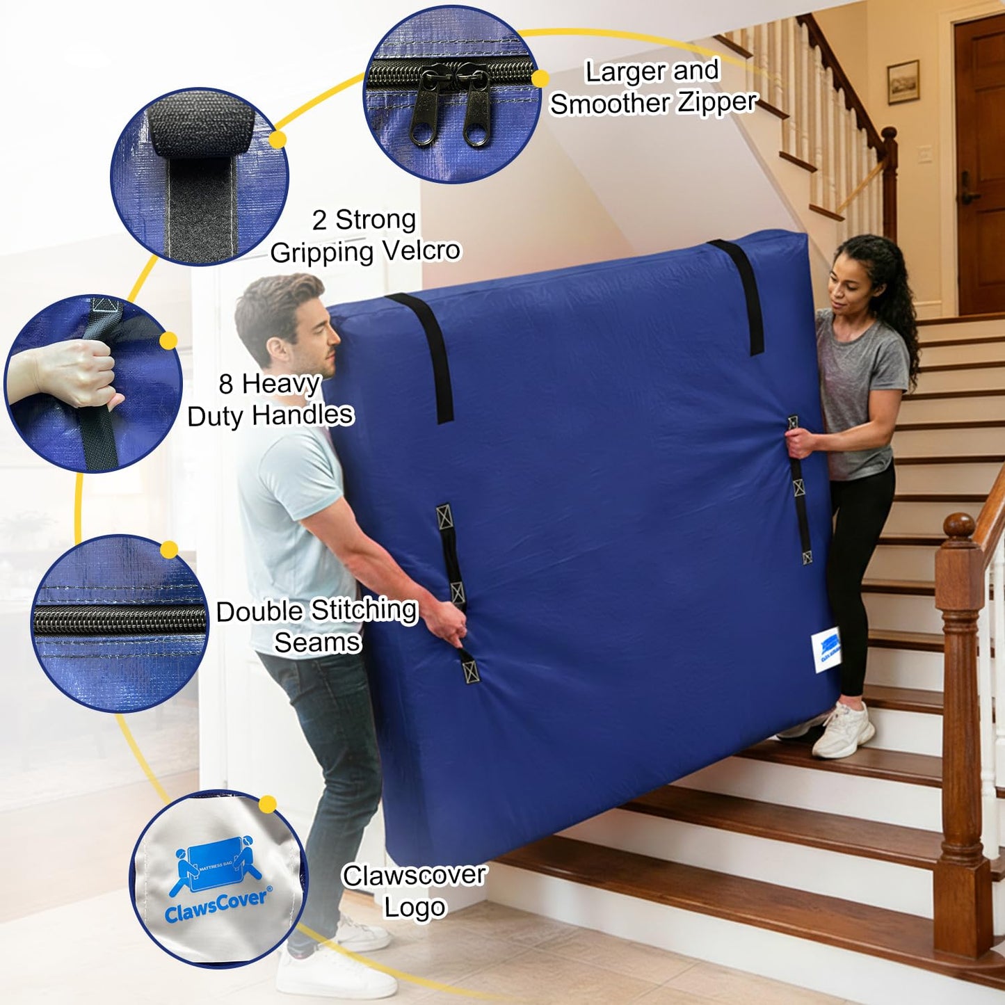 Mattress Bags for Moving and Storage,Queen Size,with Adjustable Adhesive Straps,8 Handles,Strong Zipper,Heavy Duty & Waterproof & Dust Proof,Reusable Mattress Protector Covers,Navy