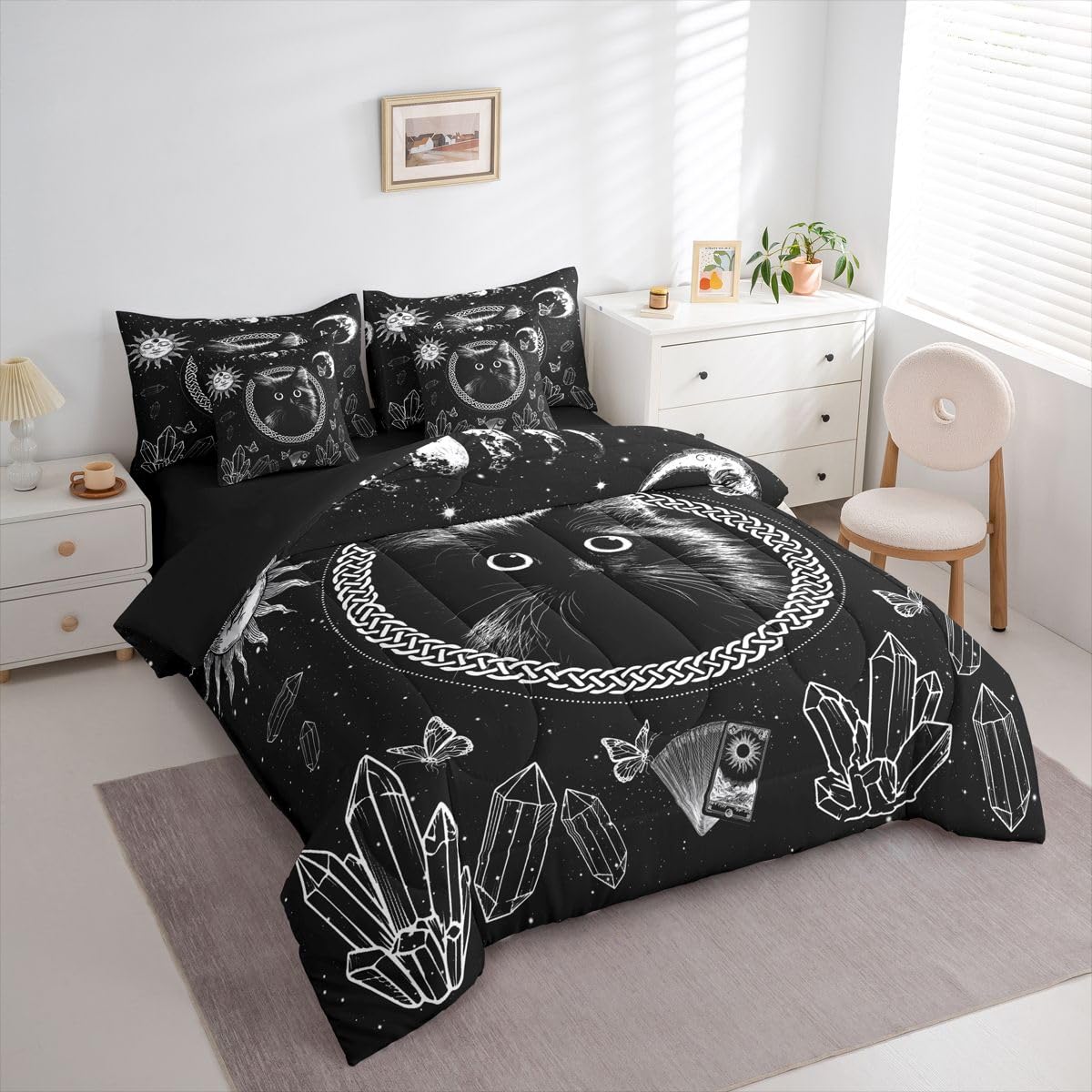 Erosebridal Cartoon Black Cat 7-Piece Bedding Set Full Size for Kids Teens Adults - Kids Cute Cat Bed in a Bag Boho Sun and Moon Comforter Set with Sheets Boho Diamond Butterfly Duvet Insert