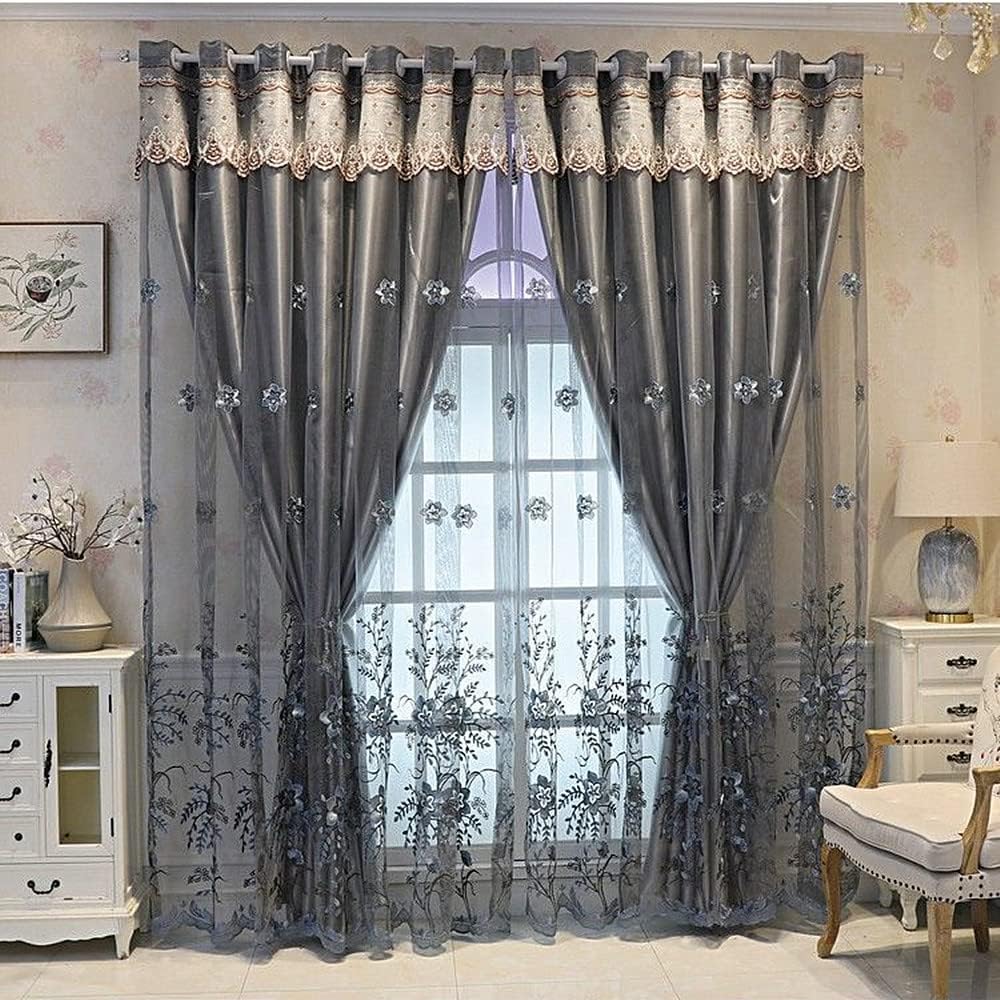 Amidoudou 1 Pair European Double Layer Curtains for Living Room Bedroom Luxury Flower Embroidered Curtains with Valance (Grey,52x95 Inch)