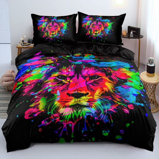 Holiyjog 3D Colorful Lion Duvet Cover King Size Pillow Sham Animals Pattern Painting Comforter Covers Black Color Bed Set Kids Bedroom Decorations…
