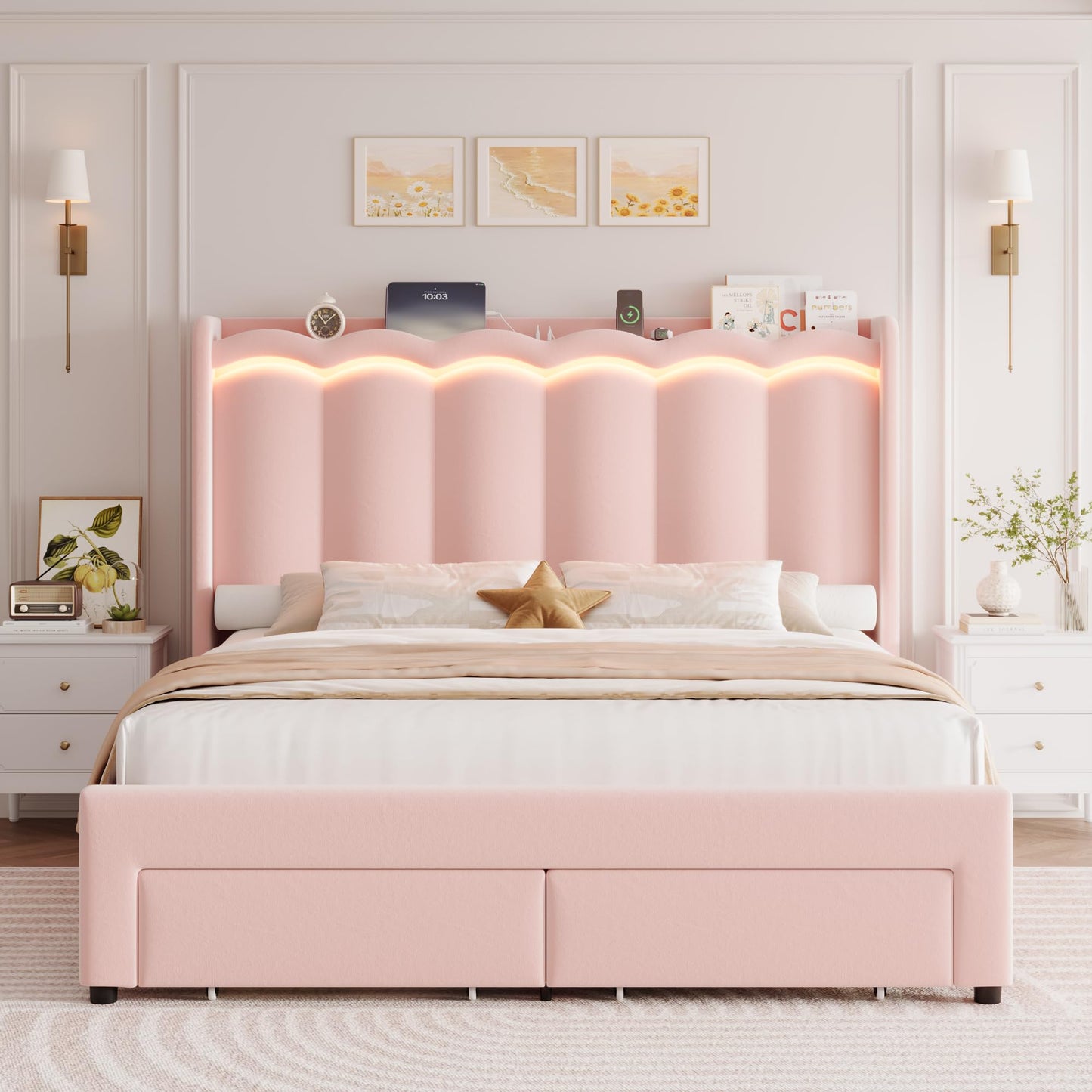 HIFIT Queen Upholstered LED Bed Frame with Charging Station and 2 Storage Drawers, Pink Velvet Princess Bed Frame for Girls, Camas Queen with Double Wavy Wingback Headboard, No Box Spring Needed