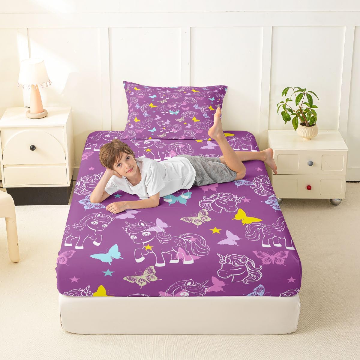Feelyou Cute Unicorn Fitted Sheet with 1 Pillowcase Twin Size Purple Butterfly Bed Sheets Set 16" Deep Pocket Boys Girls Princess Unicorn Bedding Dreamy Horse Teens Bedroom Decor Breathable Soft