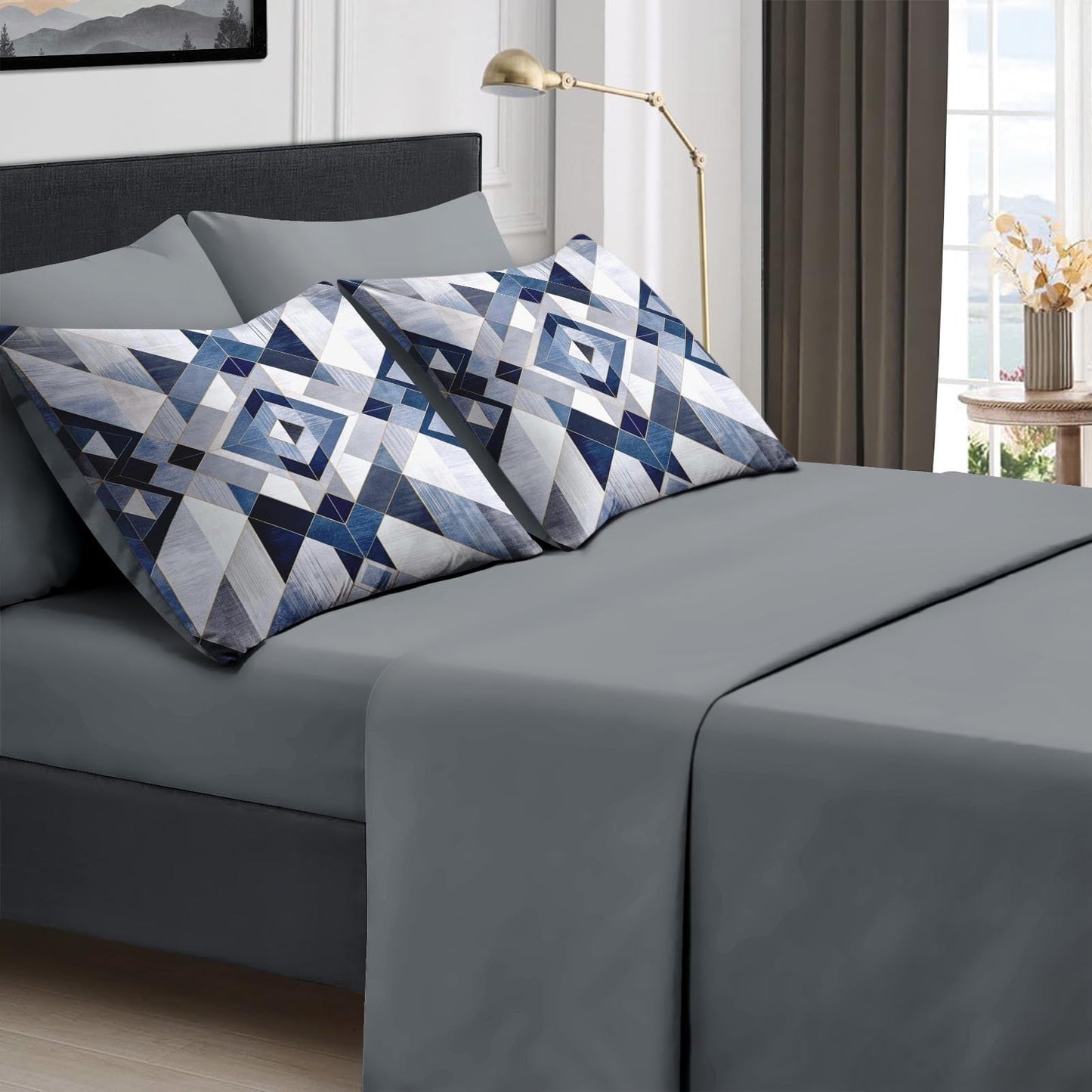 Boewywh Comforter Set Twin Size Geometric Abstract Modern 7 Pcs, Bedding for Kids and Adults, Blue Navy Bed Sheet Sets with Fitted Sheet 2 Pillowcases & 2 Shams for Bedroom Bed Decor