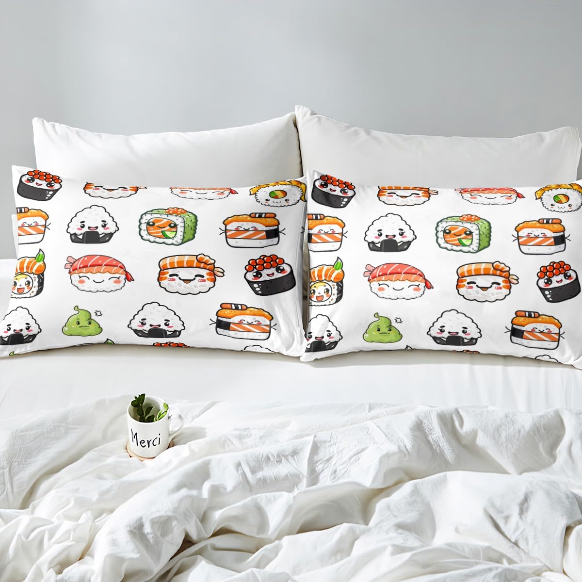 Sushi Pattern Bedding Set Queen Size Kids Cute Bed Sheet Set for Girls Teens Bedroom Decor Cartoon Japanese Style Fitted Sheet Soft Microfiber Kawaii Bed Cover (1 Fitted Sheet + 1 Pillow Case)