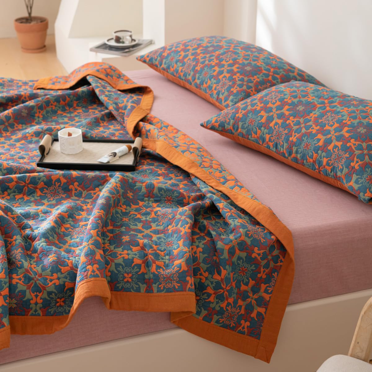 Purefair 100% Cotton Muslin Blanket Jacquard Bohomian Mandala Floral Print Quilt, Soft Bed Cover Reversible Bedspread Coverlet Breathable Lightweight Bedding Full/Queen(78"x94"), No Pillow Sham