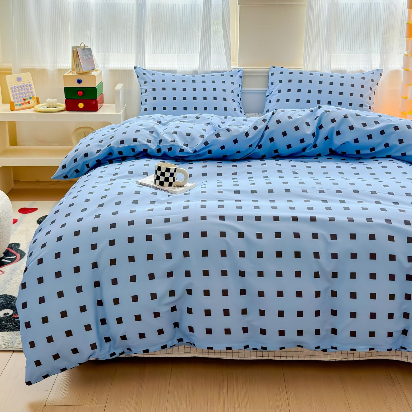 LIWHENHAO Plaid Duvet Cover Set Queen 100% Cotton Bedding Black Square Grid Checkered Dots on Blue 1 Modern Abstract Geometric Comforter Cover Full 2 Pillowcases for Kids Girls Boys Woman
