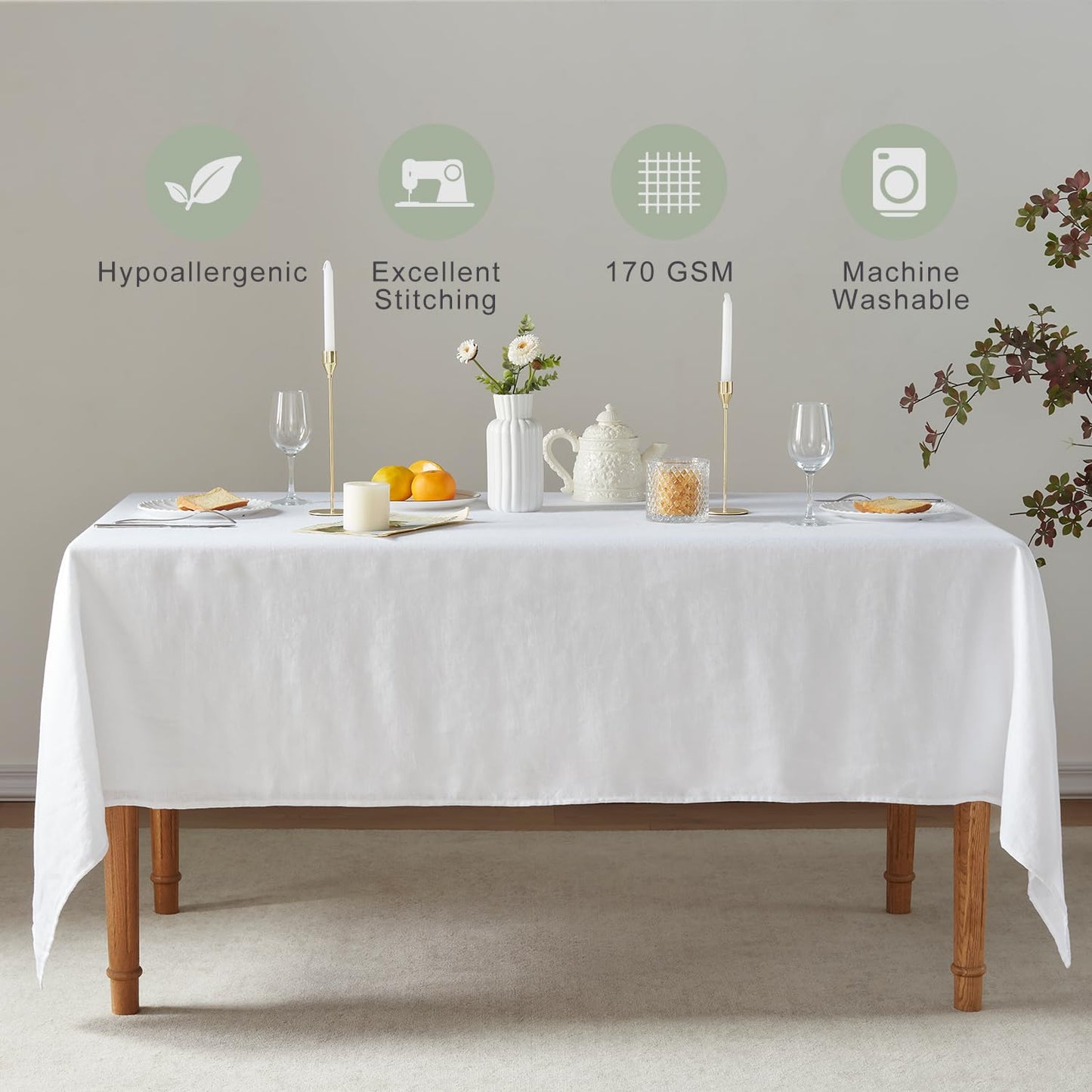 TOSMO 100% French Linen Tablecloth, Washable Farmhouse Rectangle Table Cloth for Kitchen, Dining, Party, Cocktail, Indoor and Outdoor Daily Use(52''x70'',White)