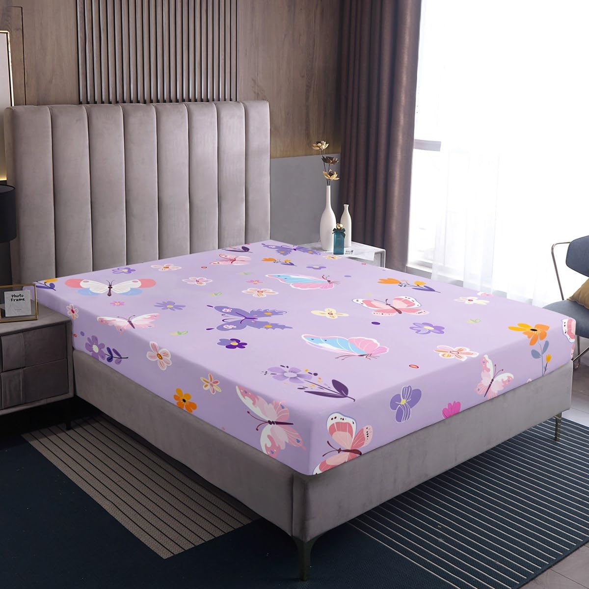 Erosebridal Purple Floral Twin Fitted Sheet,Cute Butterfly Bedding Set for Kids Girls Teen,Coquette Flower Bed Set,Dreamy Flowers Garden Bed Sheets 2Pcs Bedroom Decor (No Flat Sheet)