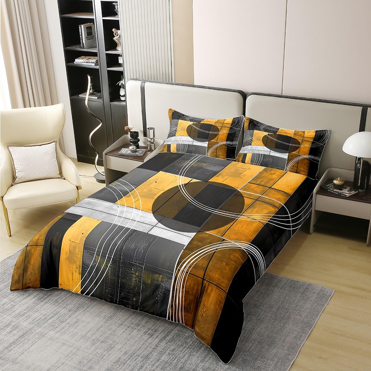 jejeloiu Olive Yellow Duvet Cover 100% Cotton King Size Kids Abstract Geometric Comforter Cover for Boys Girls Teens Modern Art Bedding Set Breathable Soft Room Decor